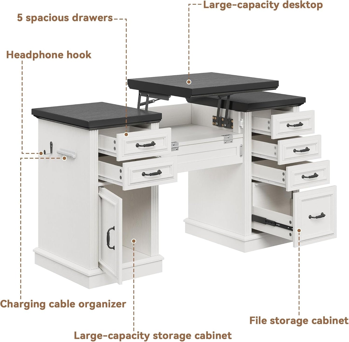 Farmhouse 57" Lift Desktop Executive Desk with 6 Drawers and Charging Station, Wood Home Office Computer Desk with File Cabinet Storage, Keyboard Tray,Headphone hook for Work,Study, Antique White