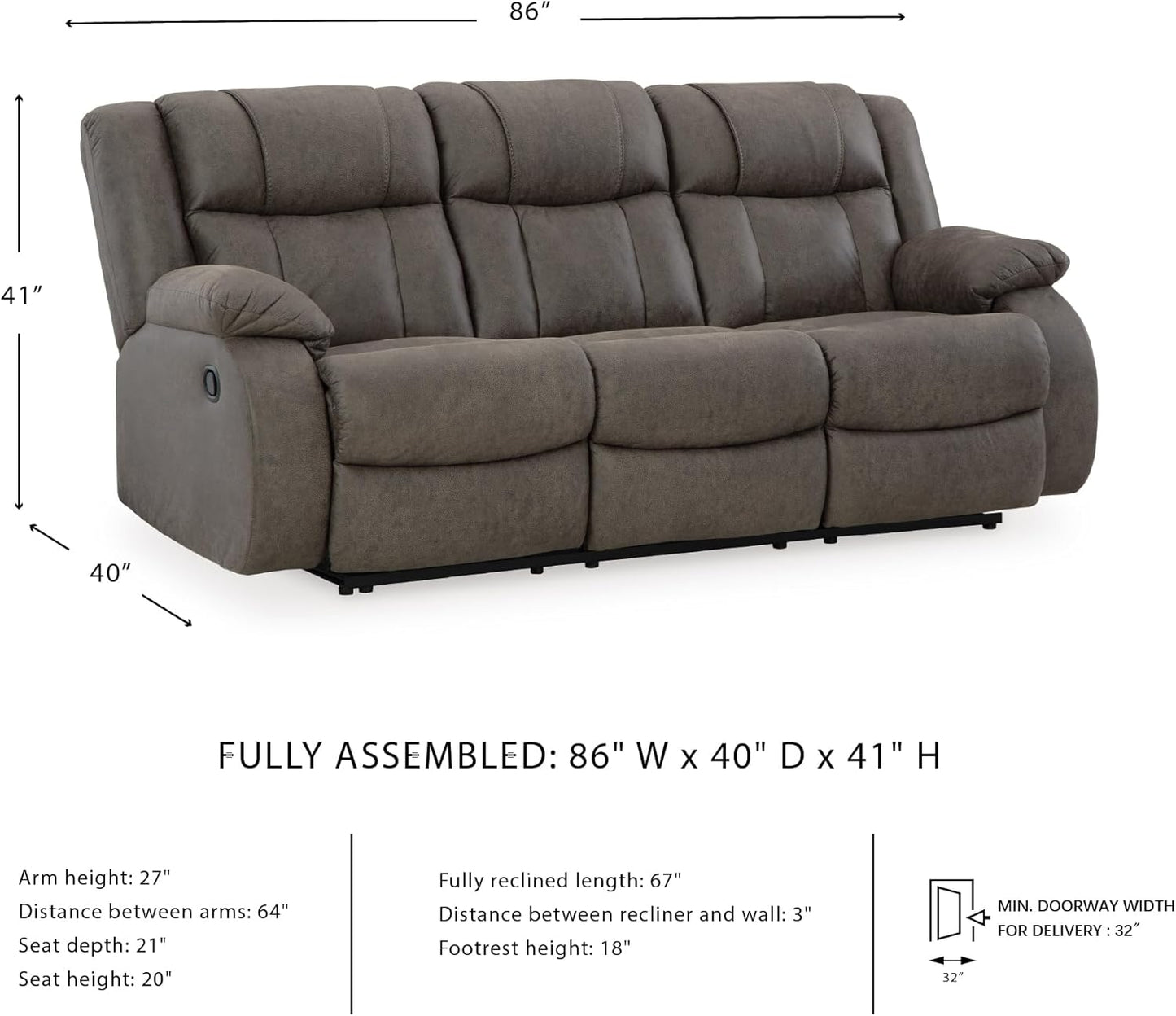Signature Design by Ashley First Base Contemporary Faux Leather Manual Reclining Sofa, Gray