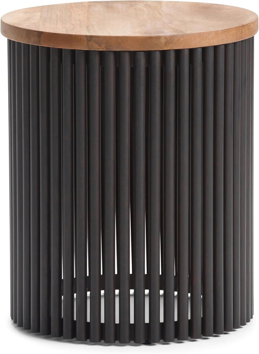 SIMPLIHOME Demy 18-inch Wide Metal and Solid Mango Accent Table in Natural/Black, Round Side Table with Mango Wood Top for Living Room or Bedroom, Industrial Style, Assembled