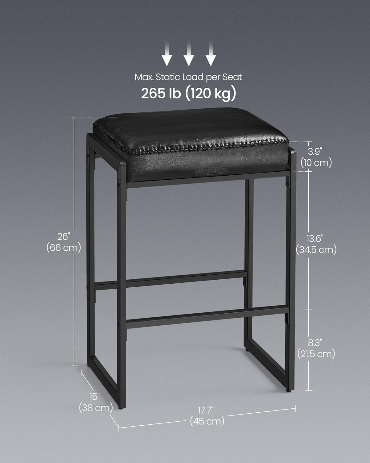 VASAGLE EKHO Collection - Bar Stools Set of 2, Counter Height Bar Stools, Synthetic Leather with Stitching, Mid-Century Modern Counter Stools, 26-Inch Tall, Kichen Home Bar Dining Room, Ink Black