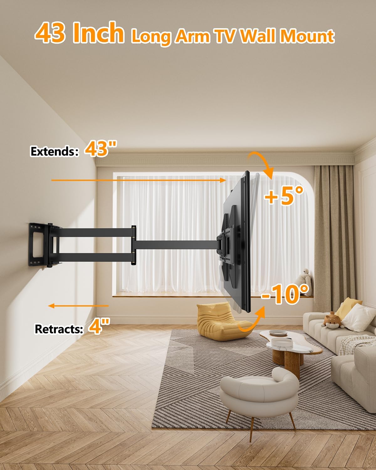 FORGING MOUNT Long Extension TV Mount Full Motion Wall Bracket with 42 inch Long Arm Articulating TV Wall Mount for 37 to 80 Inch Flat/Curve TVs, VESA 600x400mm Compatible, Holds up to 110 lbs