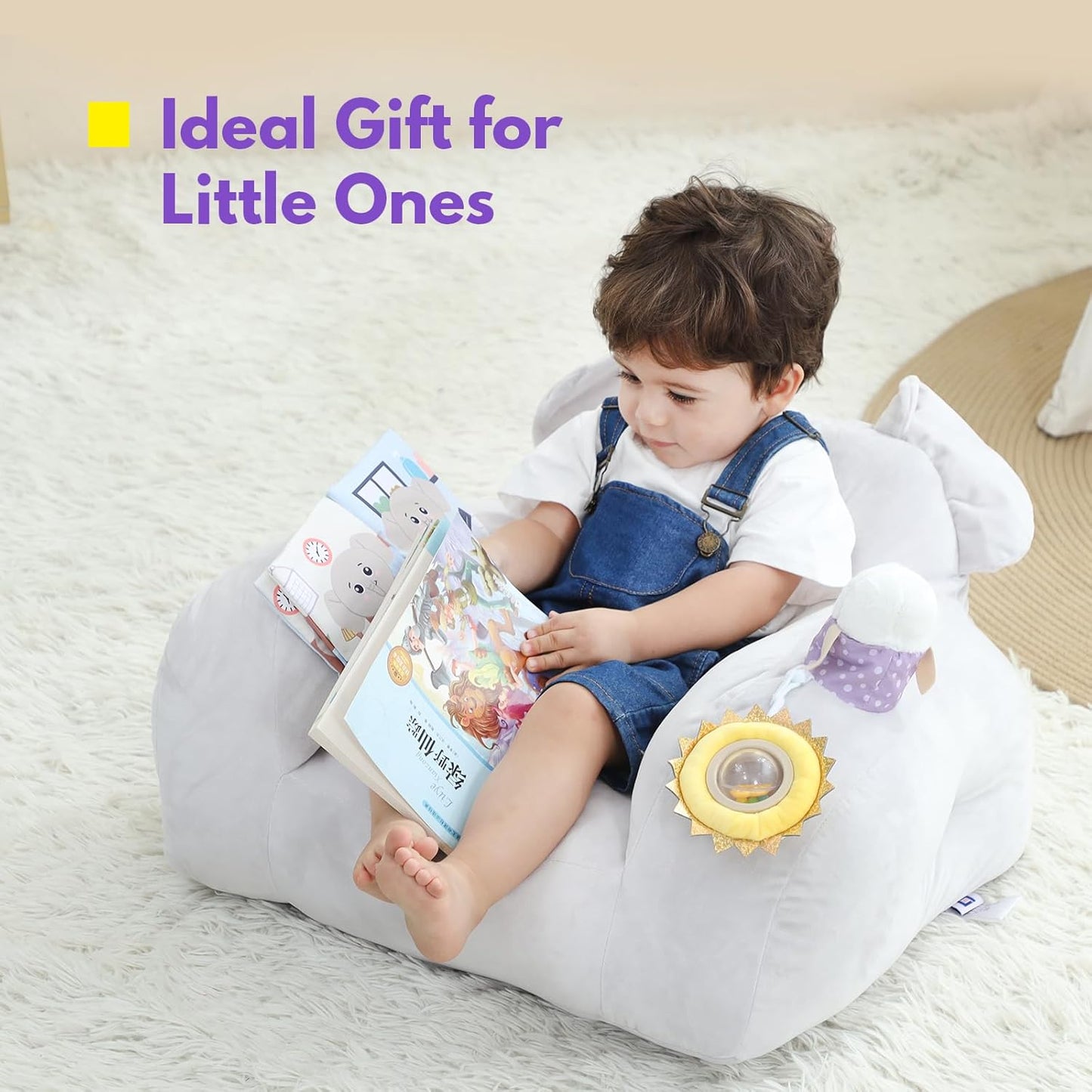 Lovvie & Joy Toddler Sofa Chair, Soft Toddler Kids Chair with Learning Toy Phone,Cloth Book and Rattle Toy,Toddler Chair Couch for Boys and Girls Ages 1+ Years Elephant