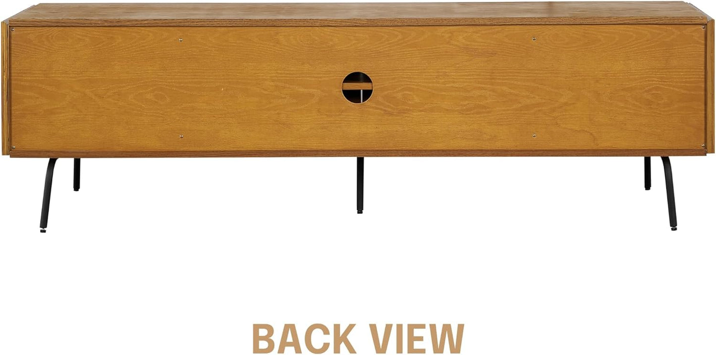 NTC Veil TV Stand with 4 Doors for TVs up to 75’’, Media Console with Vertical Groove Design and Metal Legs, Modern Entertainment Center for Living Room and Bedroom, Effortless Assembly, Rustic Oak