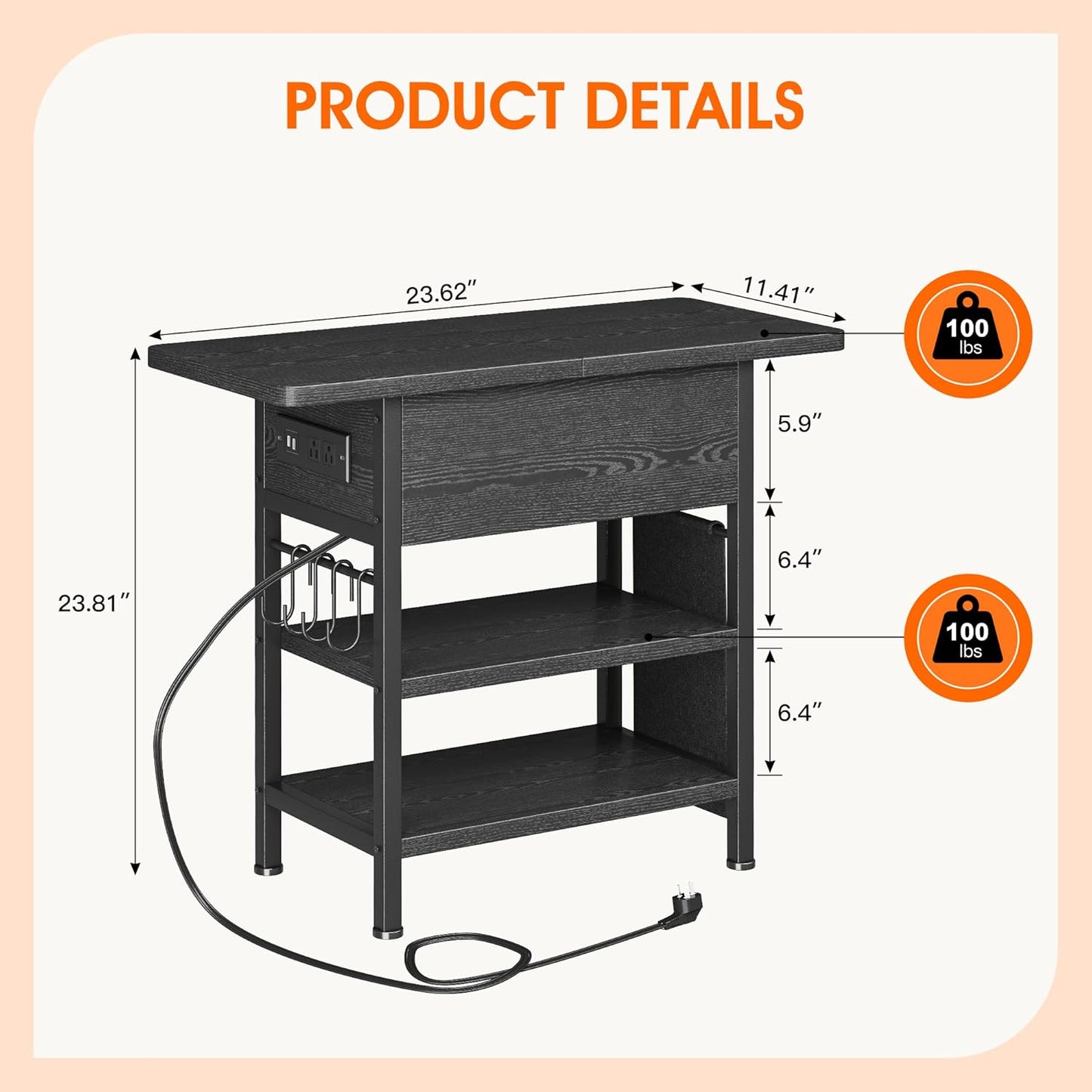 End Table with Charging Station, Flip Top Nightstand with USB Ports and Outlets,Couch Side Table with Fabric Bag and Hooks, Bedside Table for Space Saving, Living Room, Bedroom (Black)