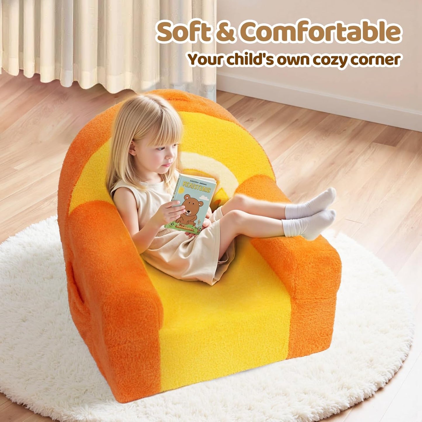 Toddler Chair, Comfy Foam Kids Couch with Soft Velvet Cover, Toddler Couch with Cute Orange Design for Gaming and Studying, Kids Sofa for Boys and Girls