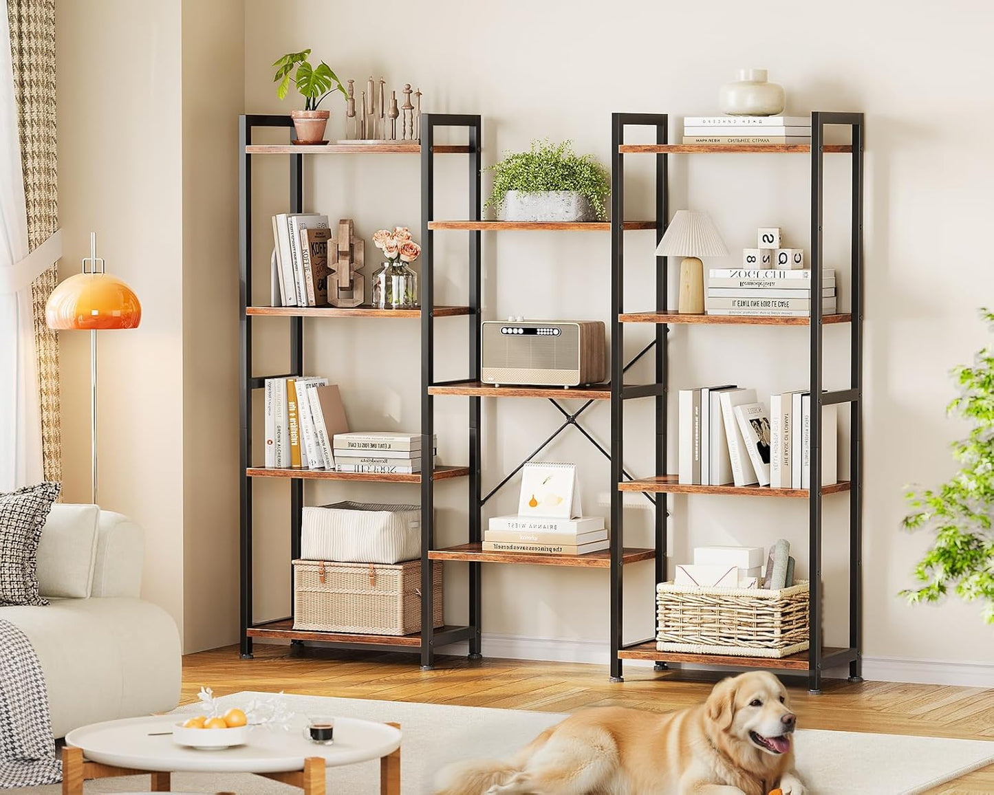 Casaottima Triple 4 Tier Bookshelf, Large Bookcase with 11 Open Display Shelves, Modern Industrial Book Shelves Book Case for Bedroom, Wide Standing Shelving Unit for Living Room Home Office, Vintage