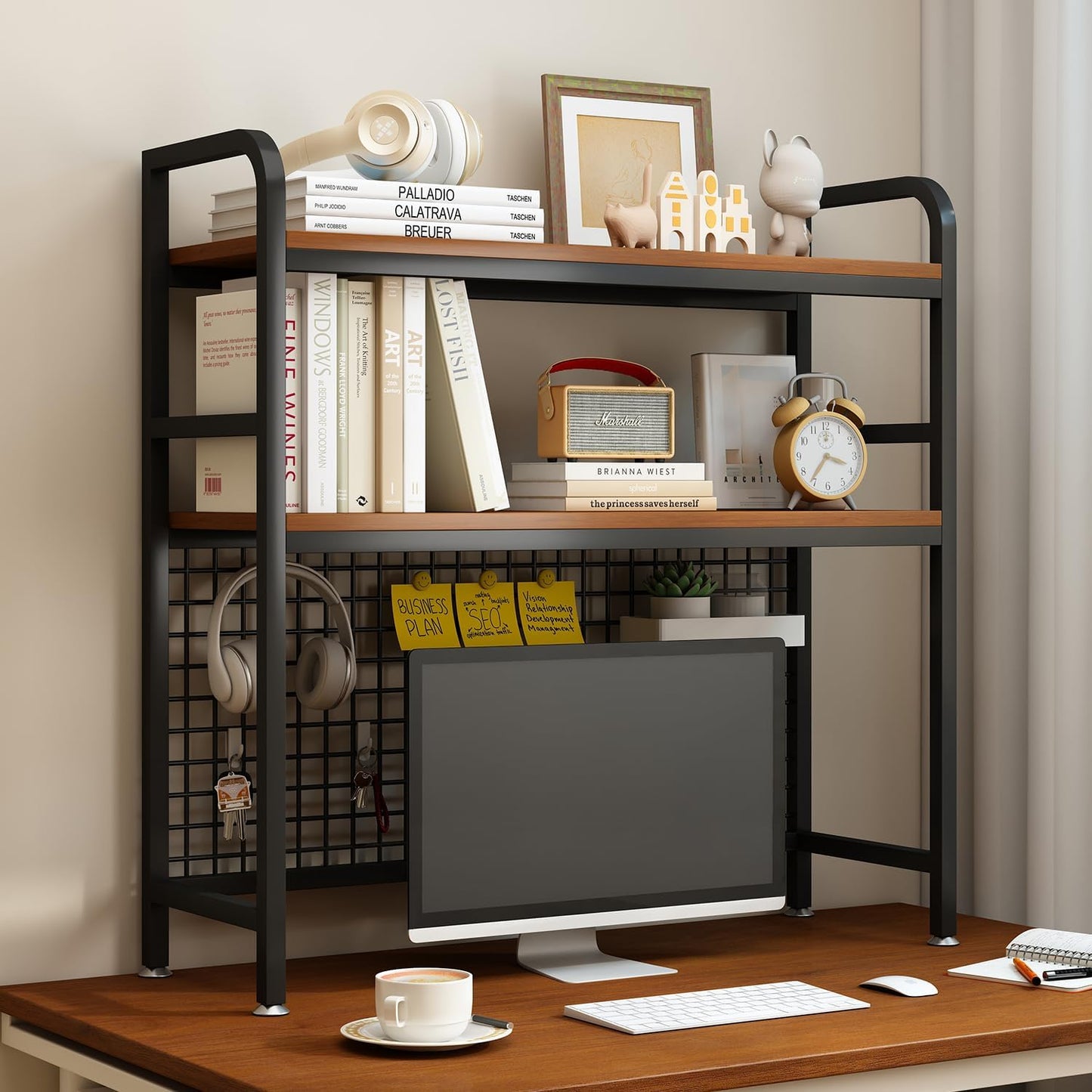 IOTXY 2-Tier Desktop Hutch Bookshelf - Metal Desk Shelf Bookcase with Grid Panel, Countertop Storage Organizer Rack for Dorm or Office, Black, 37.4" W