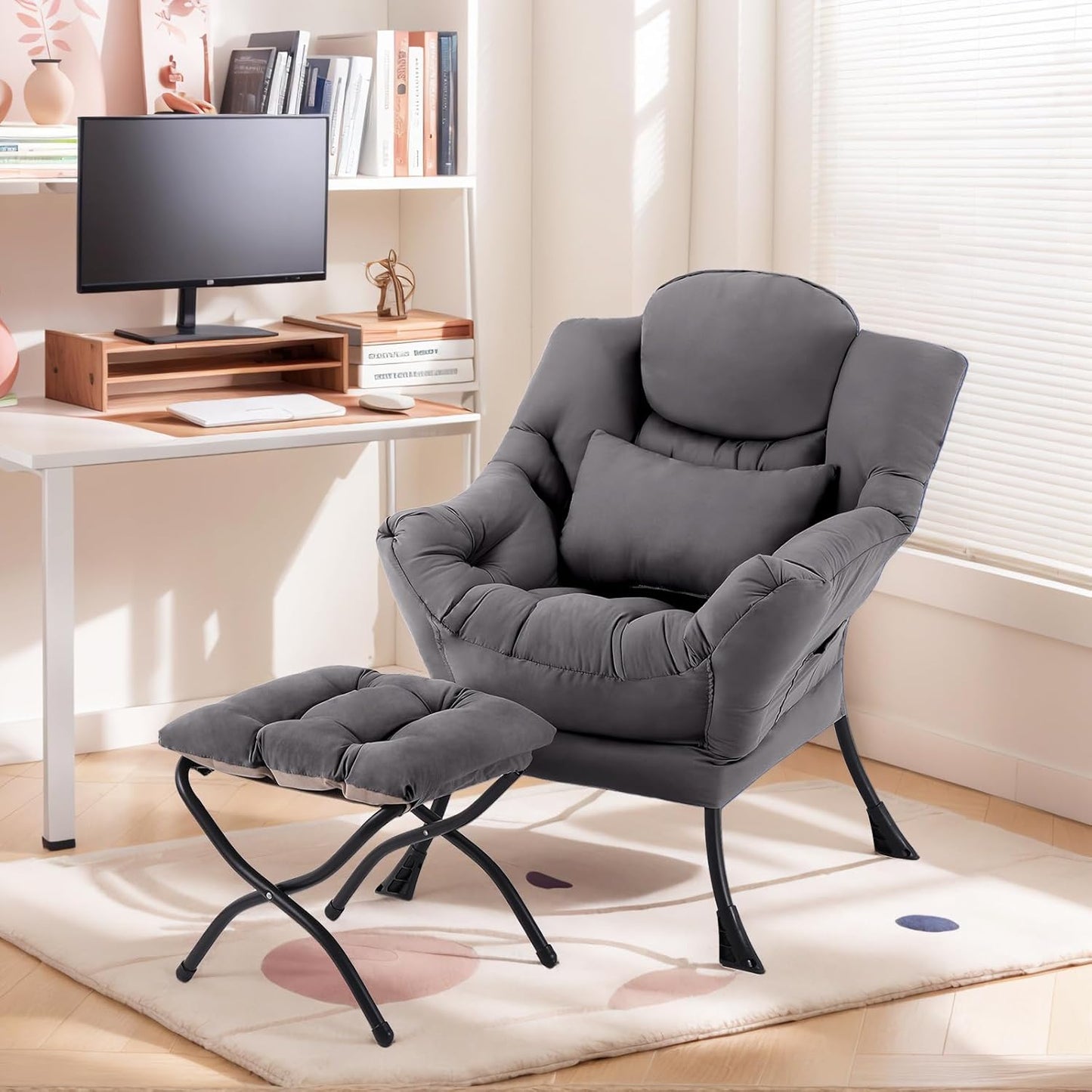 Lazy Chair with Ottoman, Comfy Fabric Accent Lounge Arm Chair with Lumbar Pillow and Folding Footrest, Reading Leisure Sofa Armchair for Bedroom, Living Room, Dorm,Dark Grey