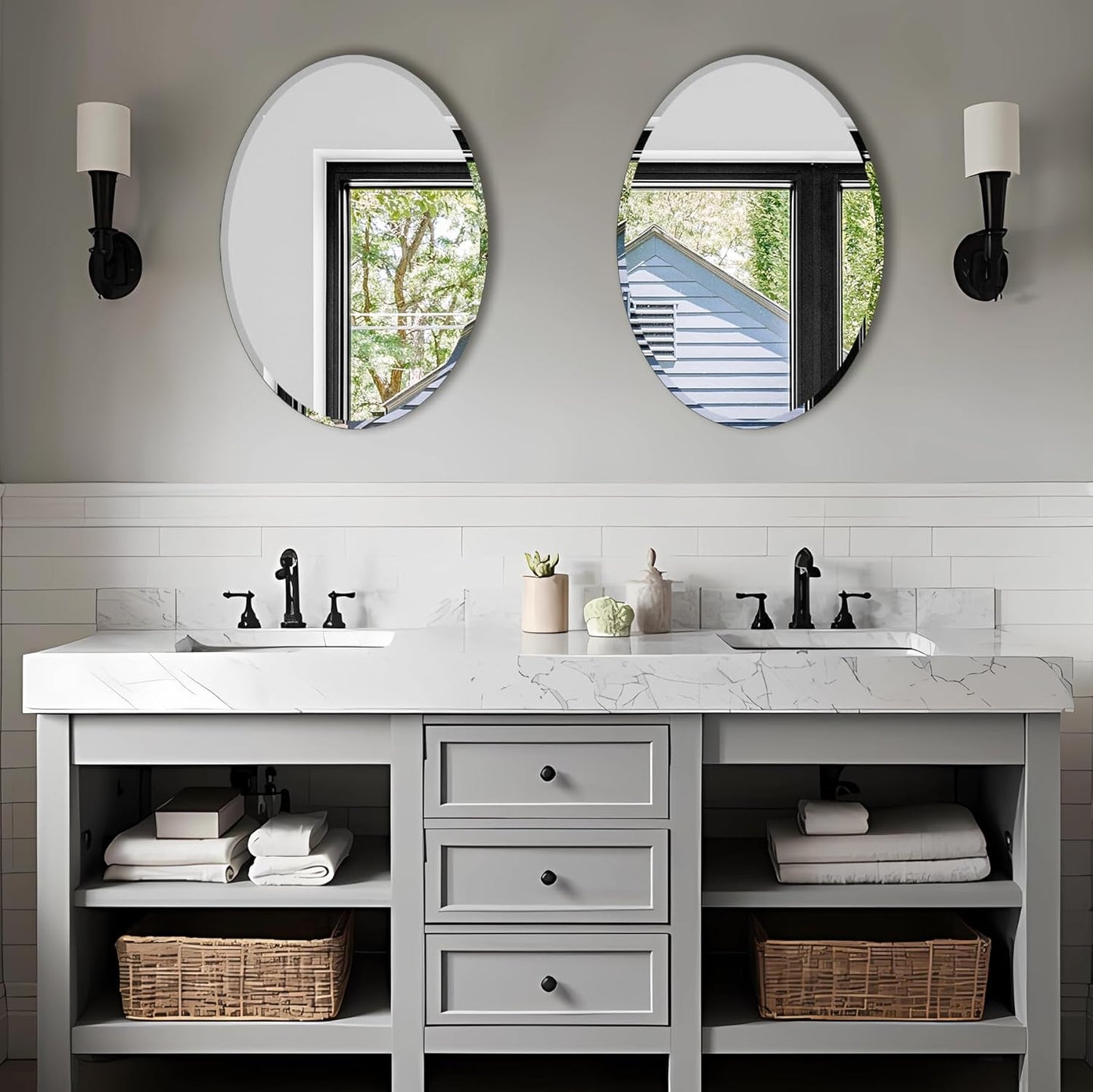 Oval Mirror Frameless Bathroom Mirror for Over Sink, Beveled Polished Wall Mirror for Bathroom, Bedroom, Vanity and Entryway 16" x 24"
