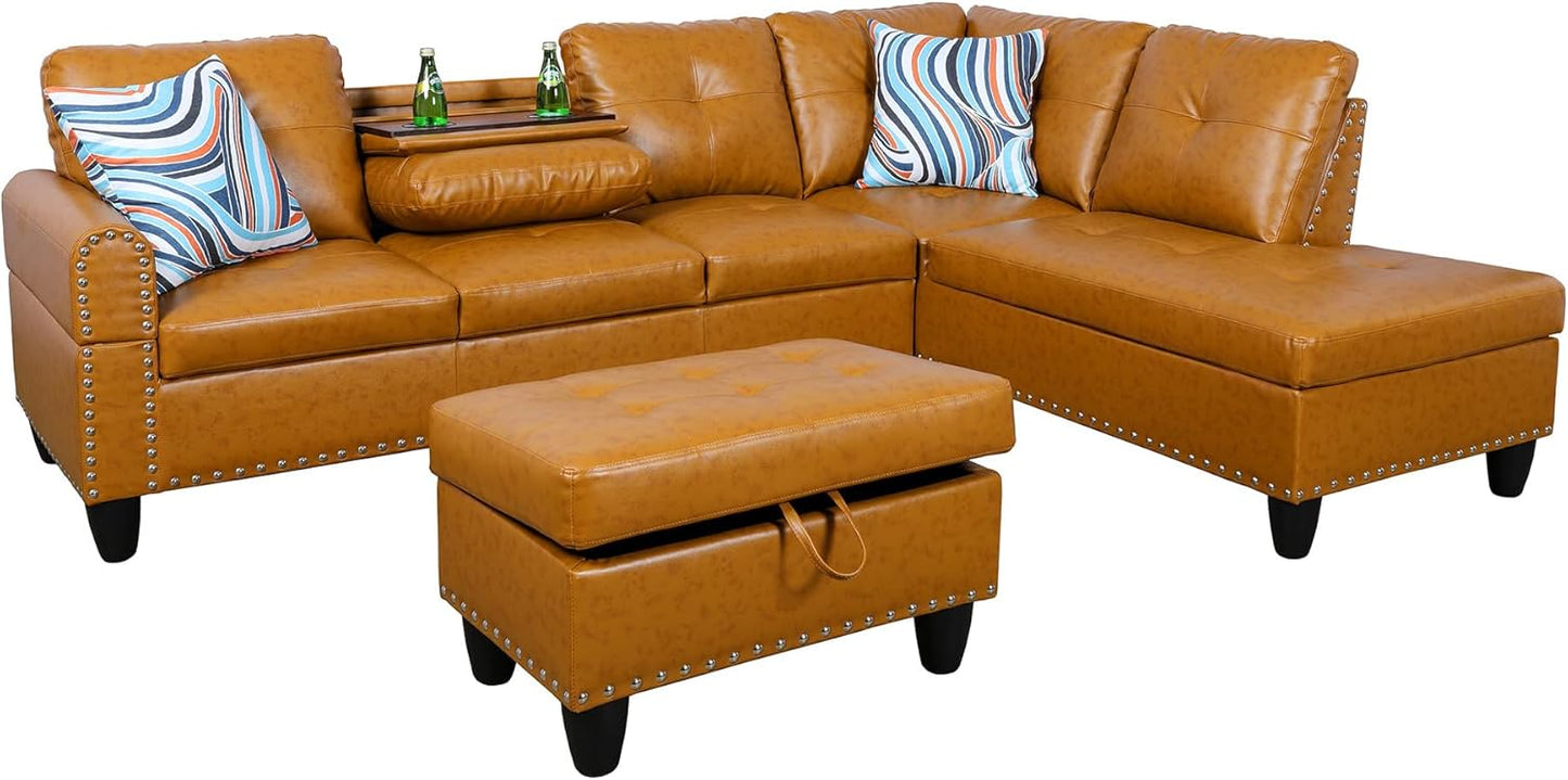 Couches for Living Room PU Leather L Shaped Couch Comfy 3 Pieces Sectional Sofa with Chaise, Ottoman with Storage for Office and Small Apartment, Ginger