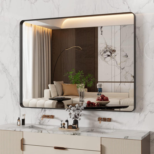 WEER Black Bathroom Mirror 48X36 Inch, Matte Black Bathroom Vanity Mirror Farmhouse, Large Rounded Rectangle Black Metal Framed, Anti-Rust, Tempered Glass, Hangs Horizontally or Vertically