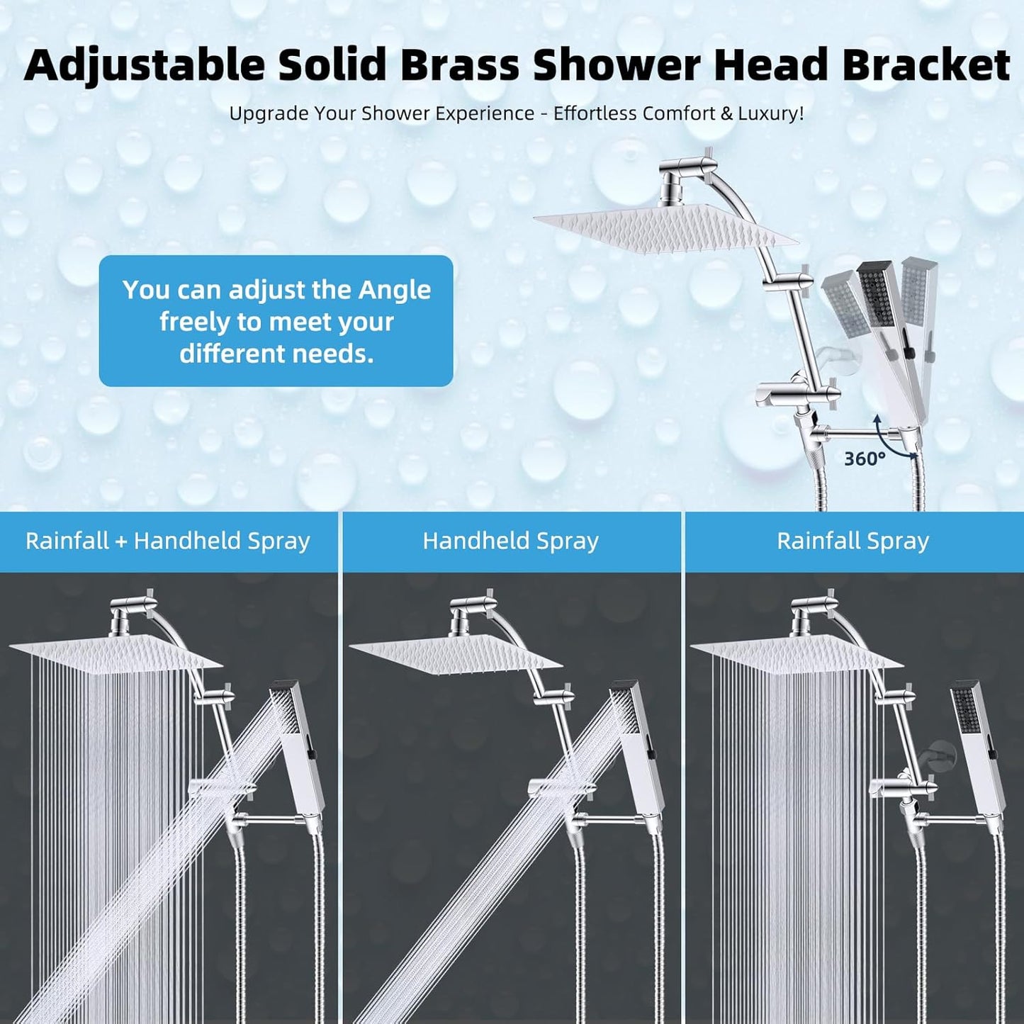 Hibbent All Metal 8'' Rainfall Shower Head, Square Shower Head Combo, High Pressure Handheld Shower Wand, 4 Sprays, 16'' Adjustable Arc-shaped Extension Arm, 71'' Hose, Showerhead Holder, Chrome
