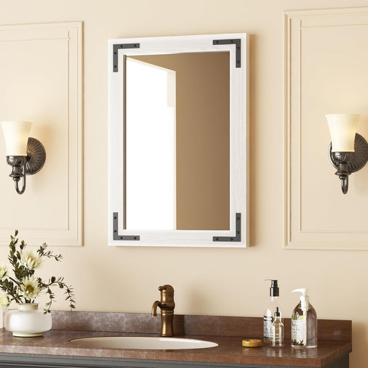 VocalStar White Wood Framed Mirror 18 x 26 Inch, Rustic Natural White Wooden Rectangle Bathroom Vanity Wall Mirror for Farmhouse Boho Decor, 1/4-inch Shatterproof Glass | Waterproof