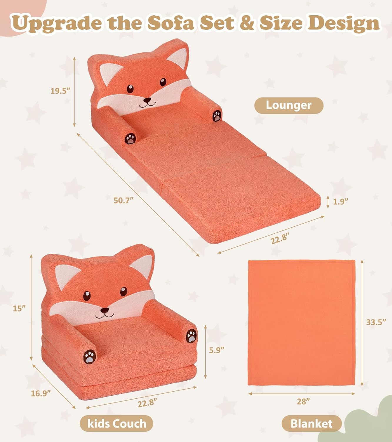 Kids Couch, 2-in-1 Soft Toddler Couch Fold Out with Blanket, Chair Comfy, Foldable Convertible Plush Sofa to Lounger, Gifts for Kids Girl Boys, Fox