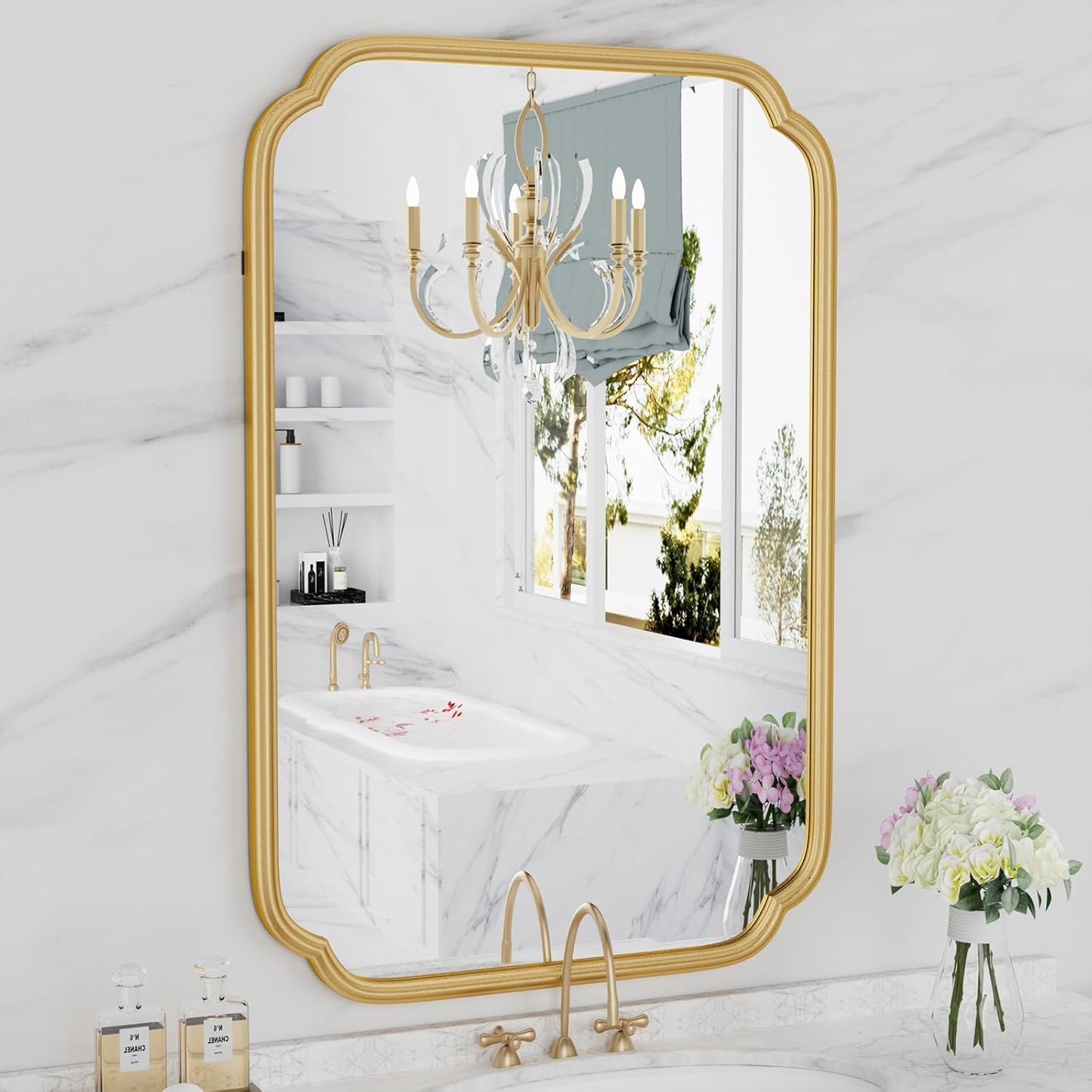 Gold Bathroom Mirror for Wall 20" x 30" Modern Rounded Corner Rectangle Mirror with Non-Rusting Iron Metal Framed Bathroom Vanity Mirror for Over Sink Wall Decor(Horizontal/Vertical)
