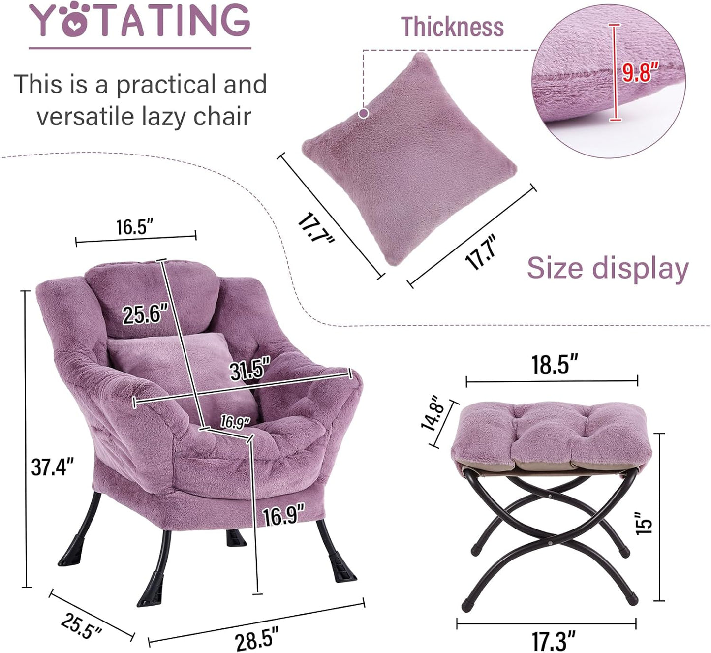 Lazy Chair with Ottoman, Comfy Reading Lounge Chair with Footstool & Throw Pillow Modern with Armrests & Side Pocket for Living Room, Bedroom, Dorm Room, Plush Purple