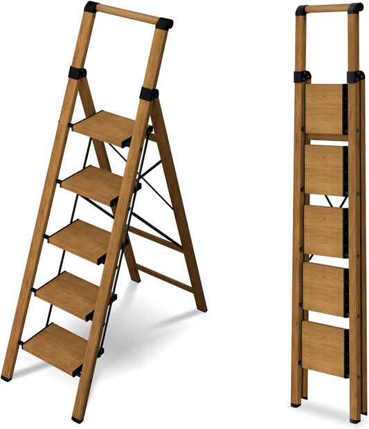 5 Step Step Ladder,Lightweight Folding Step Stool with Anti-Slip Aluminum Wide Pedal&Convenient Handgrip,Steel Ladder for Household and Office(Woodgrain)