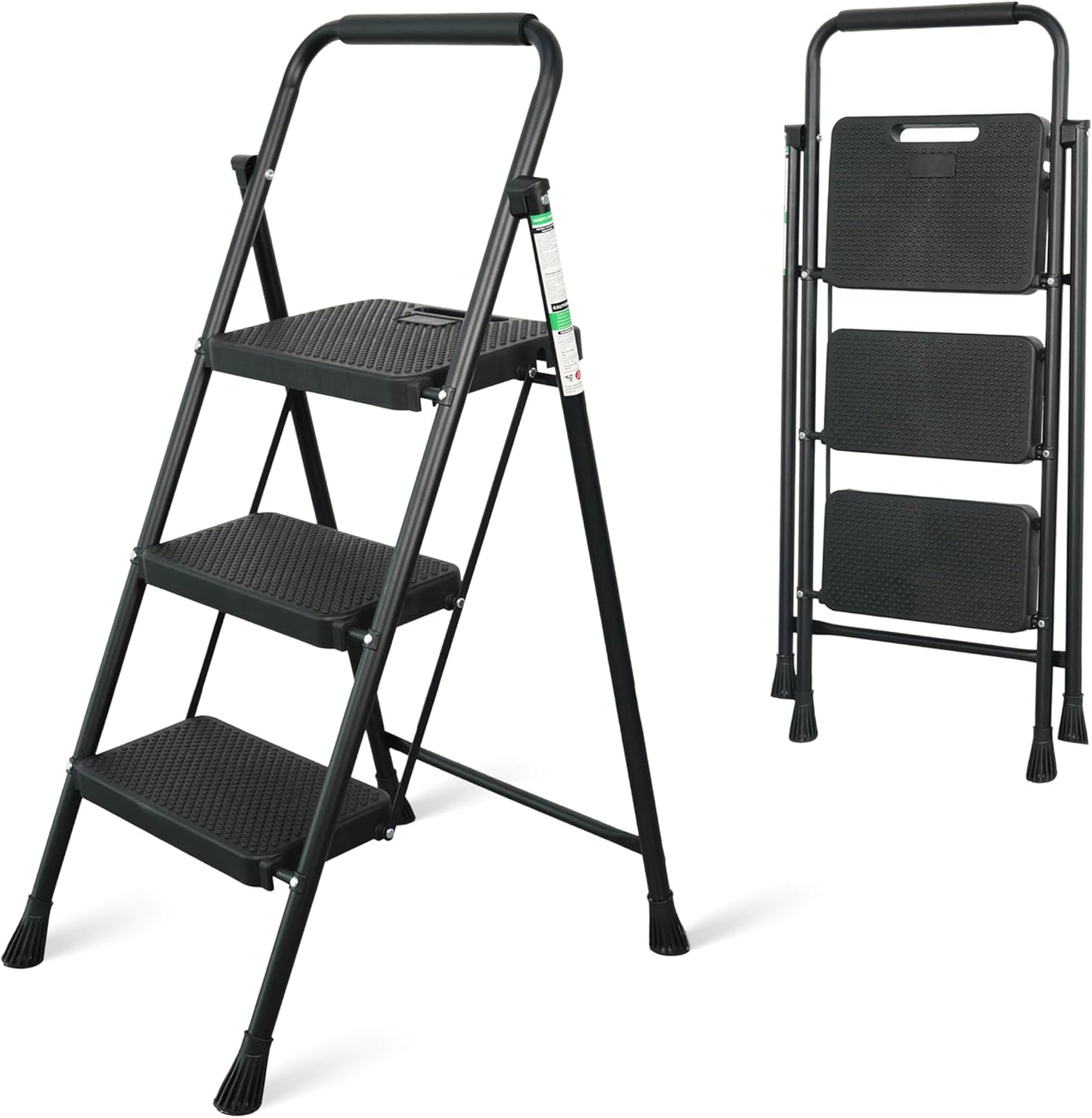3 Step Ladder, Portable Steel Folding Step Stool with Wide Anti-Slip Pedal & Convenient Handgrip, 500lbs Sturdy Steel Ladder, Black