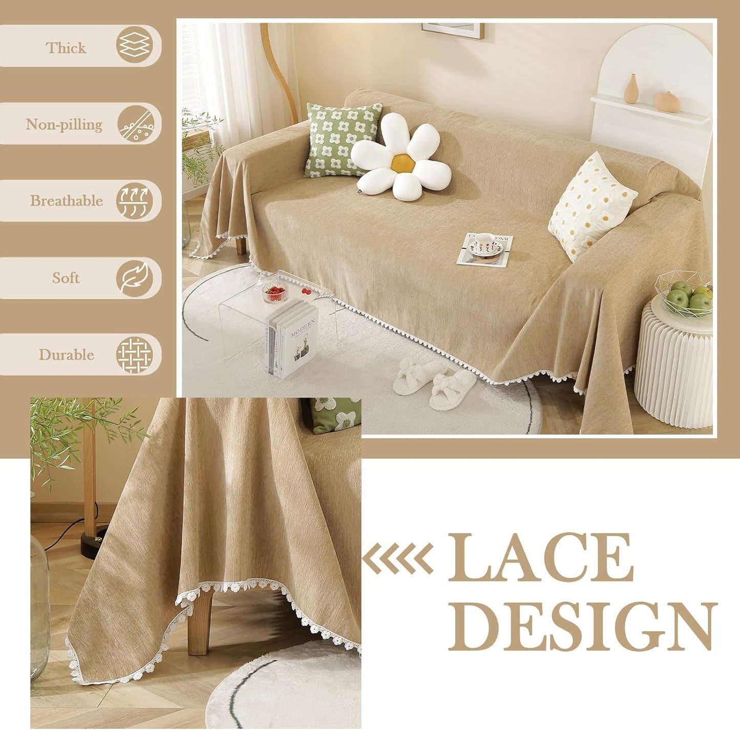 HANDONTIME Khaki Couch Covers for Sectional Sofa L Shape Cute Loveseat Covers Dog Cover Covers, Sofa Covers for 3 Cushion Couch Chenille Sofa Slipcover Soft Sofa Cover for Sectional Sofa, 71" X118"