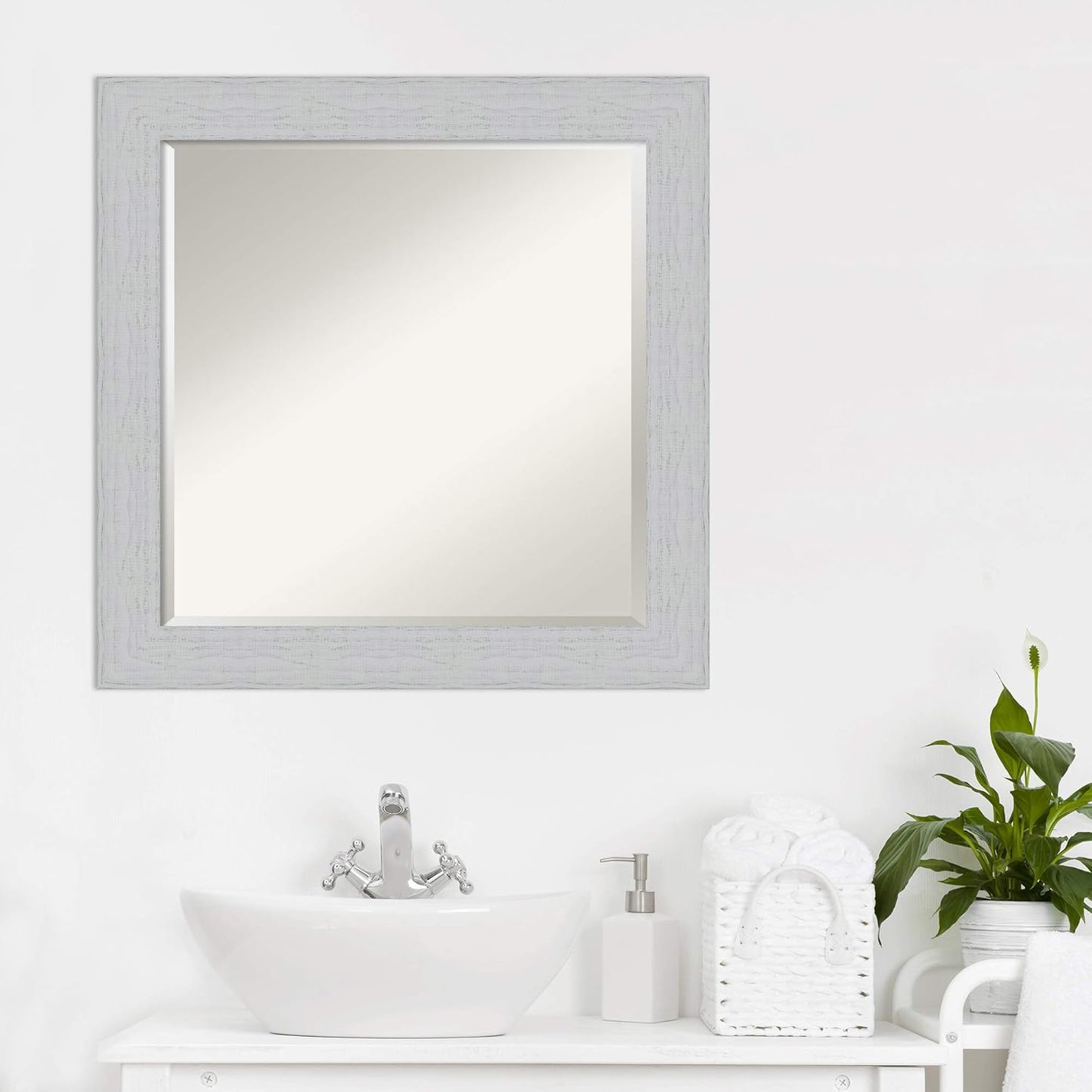 Amanti Art White Bathroom Mirror for Over Sink, 24x24 Shiplap White Square Vanity Mirror, Medium Coastal Wood Frame, Hangs Horizonally and Vertically, Bathroom Wall Decor, Beveled Edge from WI, USA