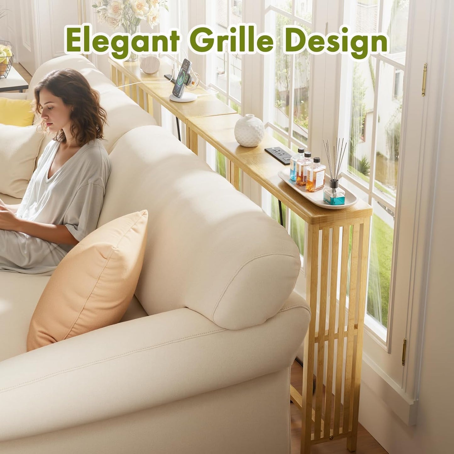 2 Pack Narrow Console Table Bamboo, 78.8" Long Entryway Tables with 2 Power Outlets and USB-C Ports, Couch Table Behind Sofa for Display, Hallway, Living Room, Bedroom, Foyer, Natural