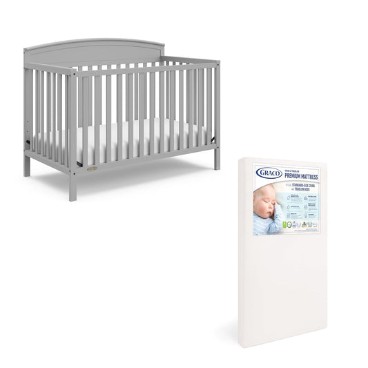 Graco Benton 5 in 1 Convertible Crib (GREENGUARD Gold Certified) with Premium Foam Crib and Toddler Mattress Included - Pebble Gray, Converts from Baby Crib to Toddler Bed, Daybed and Full-Size Bed
