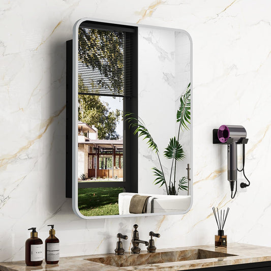 20x28 Inch Brushed Silver Recessed Medicine Cabinet with Mirror Metal Framed Surface Wall Mounted Bathroom Medicine Cabinet Mirror with Storage