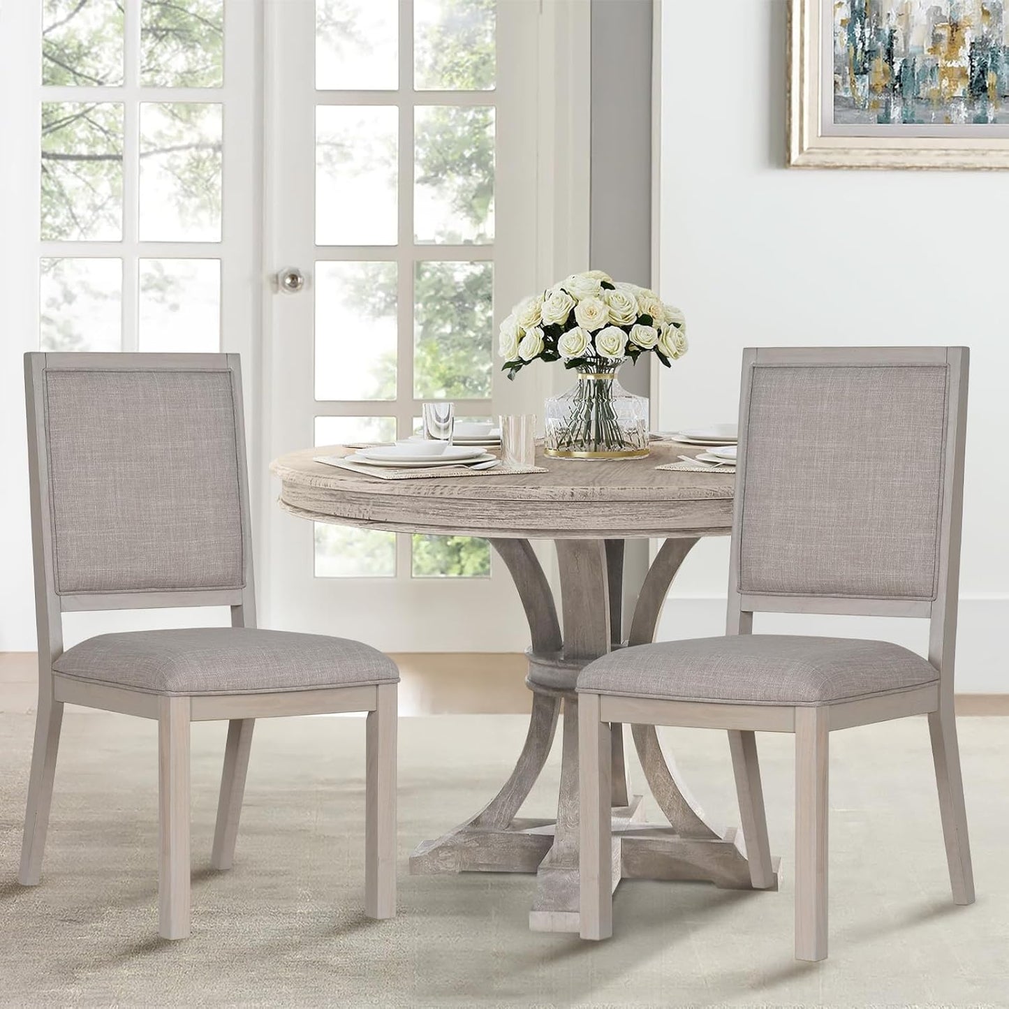 COLAMY Wooden Dining Chairs Set of 2, Mid Century Modern Upholstered Dining Chairs, 19 Inch Fabric Dining Room Chair with Back for Kitchen Dining Living Room Courtyard Waiting Leisure Area, Ivory