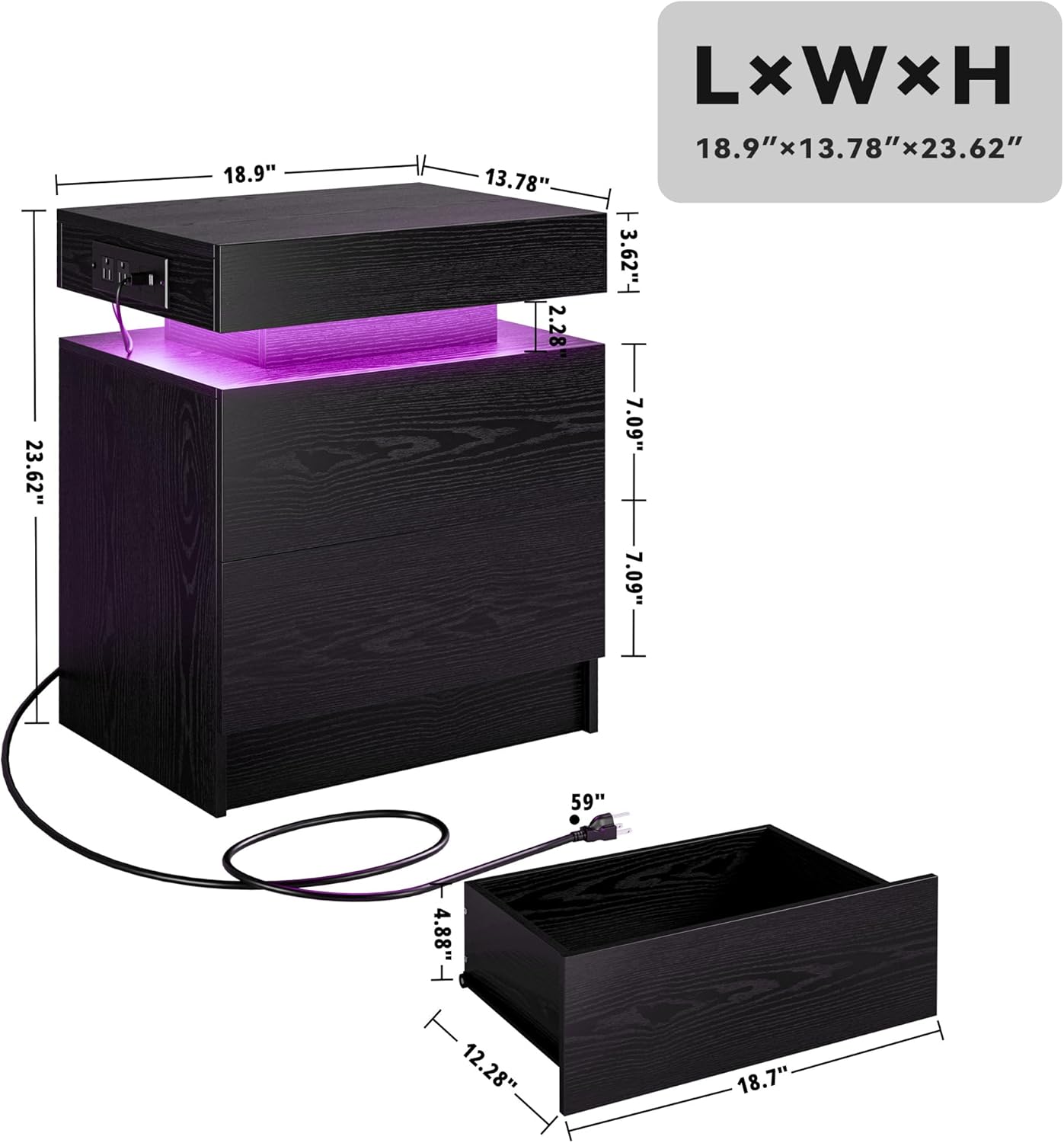 LIKIMIO Night Stand Set of 2, Modern Black Nightstand with with Charging Station, Bedside Tables with LED Light and Drawers, End Table for Bedroom