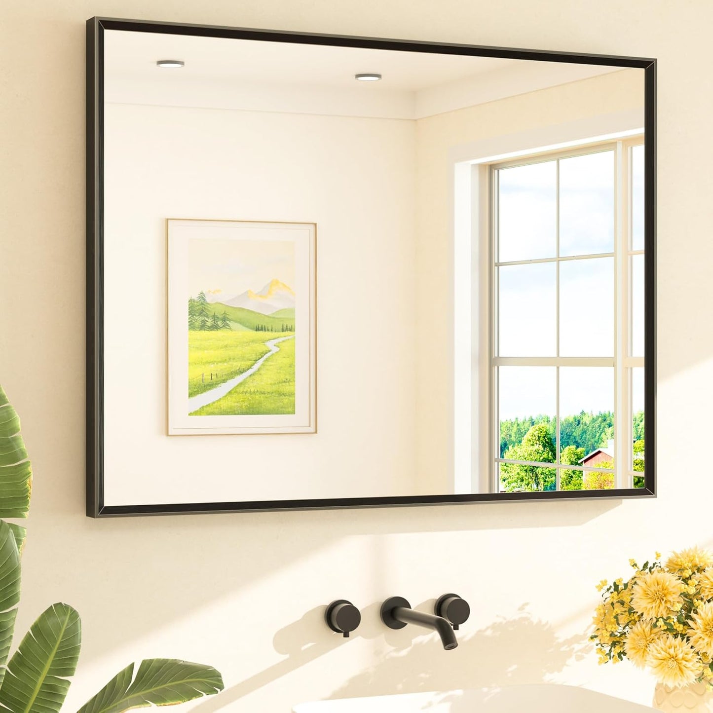 TETOTE Black Framed Mirror for Bathroom Vanity 40" x 30" Matte Black Rectangle Beveled Frame Wall Mirror for Over Sink, Tempered Glass, Modern Farmhouse Bedroom, Entryway, Living Room