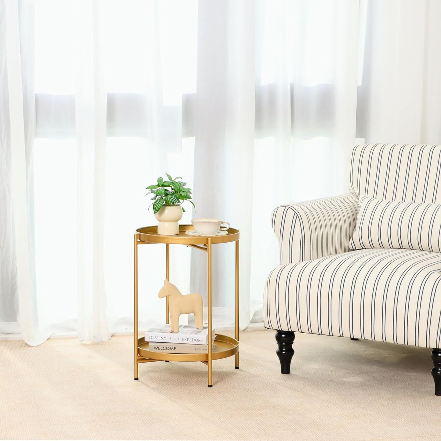 2-Tier Round End Side Table, Small Metal Side Table with Removable Tray, Folding Accent Tables for Living Room, Balcony, Nightstand for Bedroom, Outdoor Tables for Patio, Gold