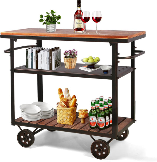 Farmhouse Mobile Cart with Wheels for Home Kitchen Industrial Rolling Food Cart Outdoor Vintage Wood and Metal Design Utility Cart in Office Coffee House 3 Tier with 2 Side Handle