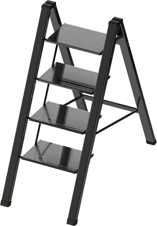 Lightweight Folding Step Ladder Household, Aluminum 4 Step Ladder Foldable for Home, Sturdy Step Stool for Adults 330 Lbs - Black