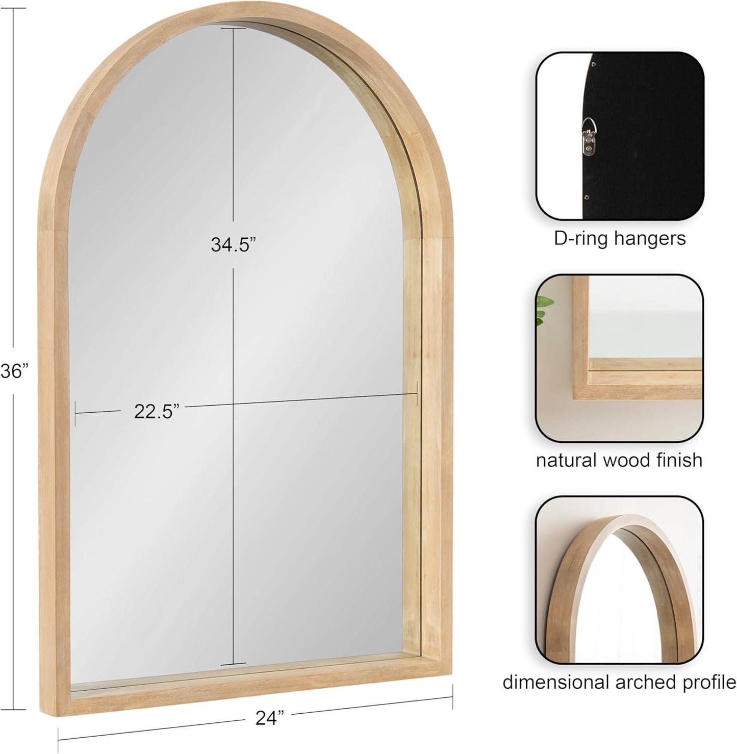 Kate and Laurel Hutton Modern Wood Arched Mirror; 24 x 36; Natural Wood; Decorative Transitional Large Arch Mirror with Deep Profile for Use as Bathroom Mirror for Over Sink