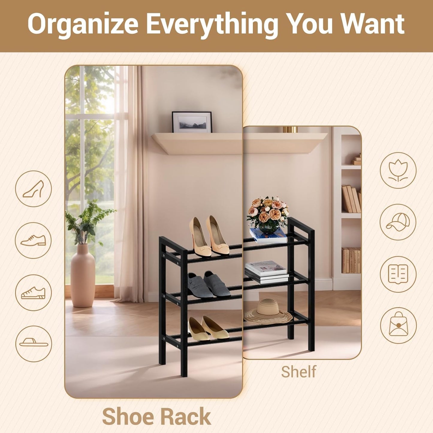 Haddockway Bamboo Shoe Rack for Closet, Free Standing Shoe Organizer with Smooth Round Rods & Convenient Handles, Stackable Shoe Storage Shelf for Entryway, Hallway(Black, 3-Tier(Small))