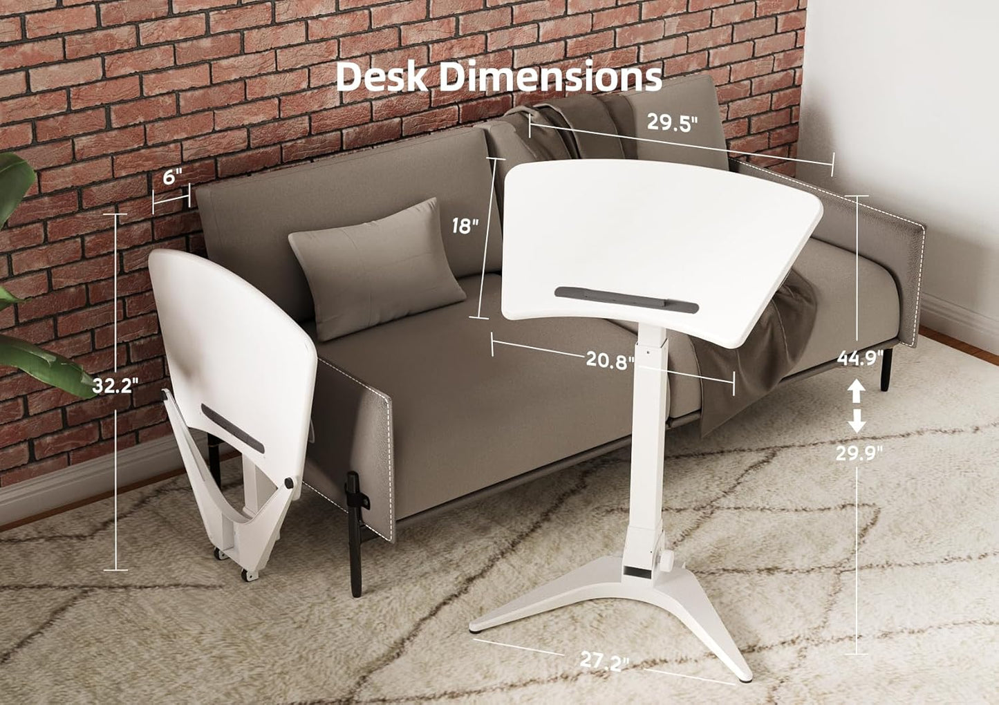 Claiks Mobile Standing Desk, Portable Rolling Workstation With Wheels, Pneumatic Height Adjustable Sit-Stand With 90 Tiltable, Foldable Non-Slip Computer Stand, White