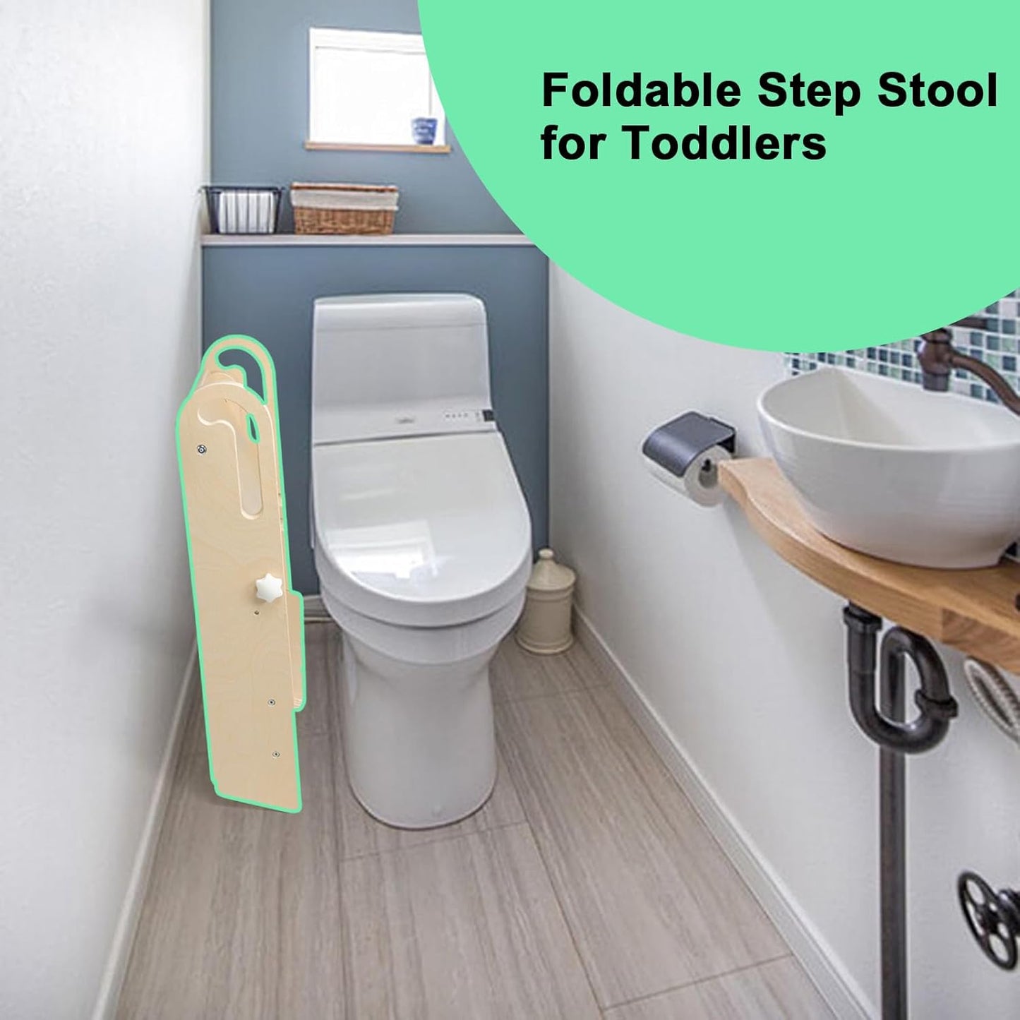 WOOD CITY Step Stool Foldable for Toddlers, Adjustable Kids Step Stool for Bathroom Sink Toilet Potty Training Stool with Handles Child Kitchen Counter Stool Helper Montessori Kitchen Stools