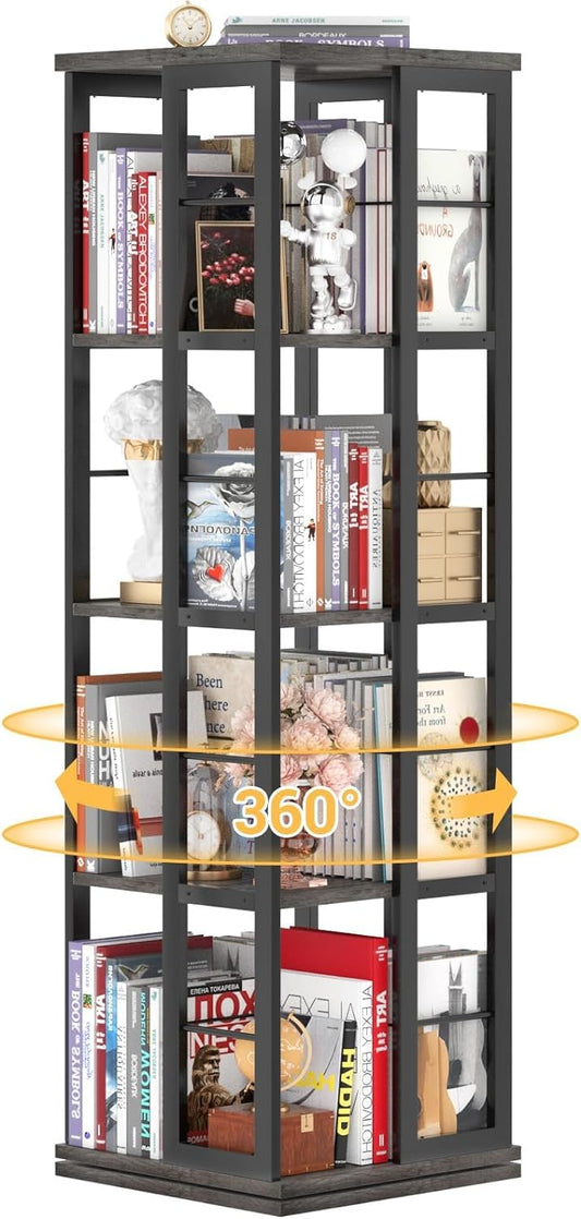 Aheaplus Rotating Bookshelf, 4-Tier Corner Bookshelf, 360 Display Wood Spinning Bookshelf, Floor Standing Bookcase Narrow Shelf Revolving Organizer Storage Rack for Small Space, Grey Oak