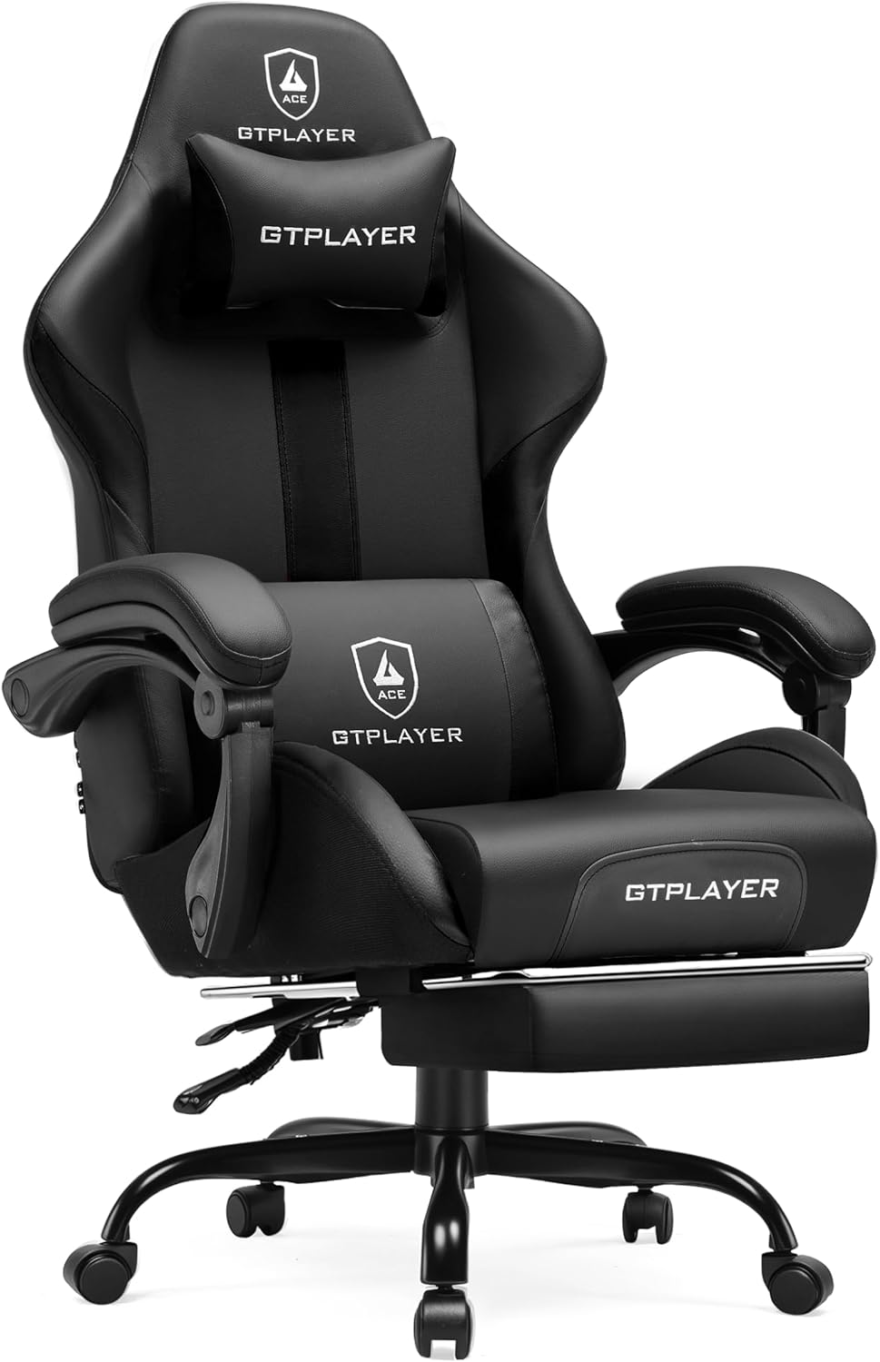 GTRACING Gaming Chair with Foot Rest & Pocket Spring Cushion, Ergonomic High Back Computer Chair with Headrest & 360°-Swivel Seat for Home Office Desk, PU Leather, Black