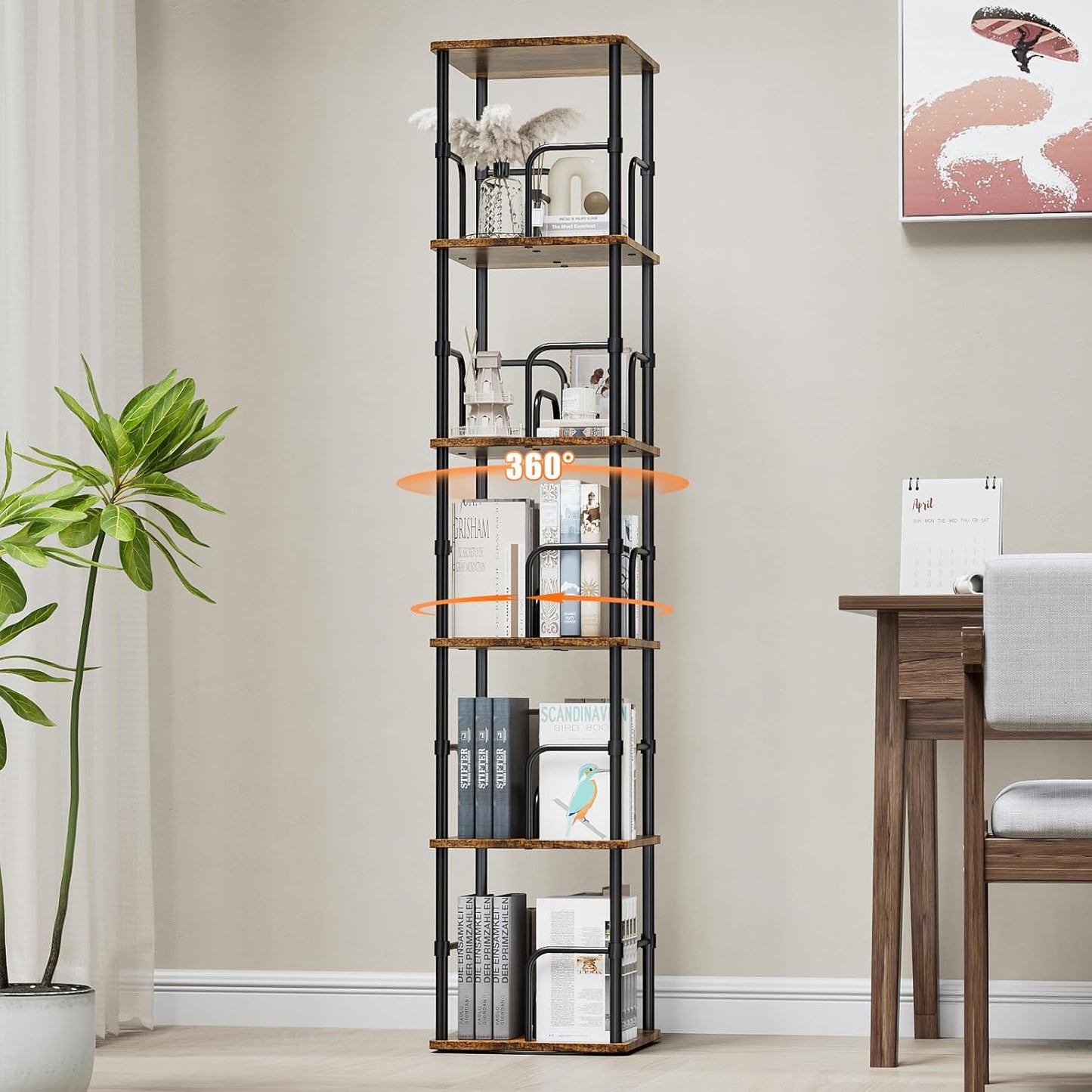 5 Tier Square Rotating Bookshelf, 360 ° Display Stackable Spinning Bookshelf Tower, Space Saving Tall Floor Standing Swivel Bookcase Corner Storage Organizer for Living Room, Rustic Brown, Small Size