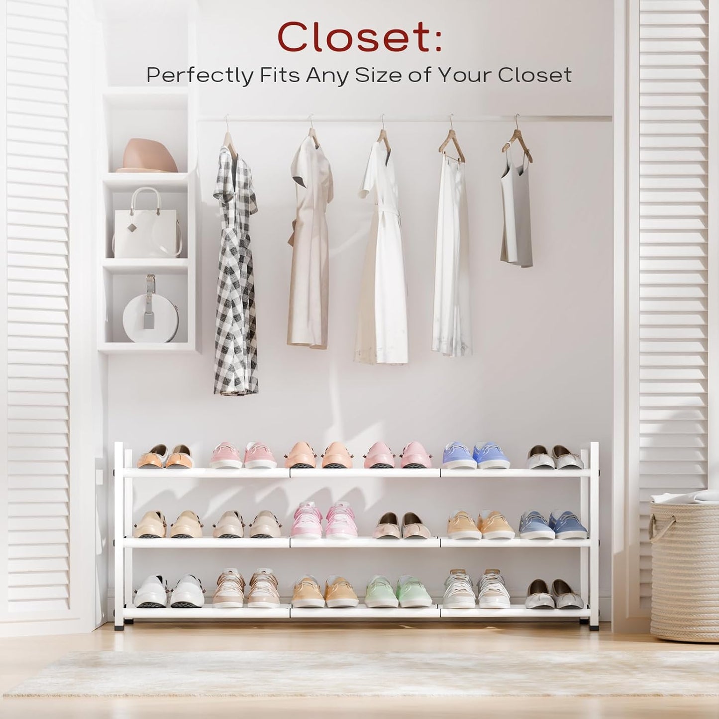 Bumusty 3-Tier Long Expandable Shoe Rack for Closet, 18"-44" Adjustable Shoe Rack for Entryway, 15-18 Pairs Large Shoe Organizer Shelf Storage, Sturdy Metal, White