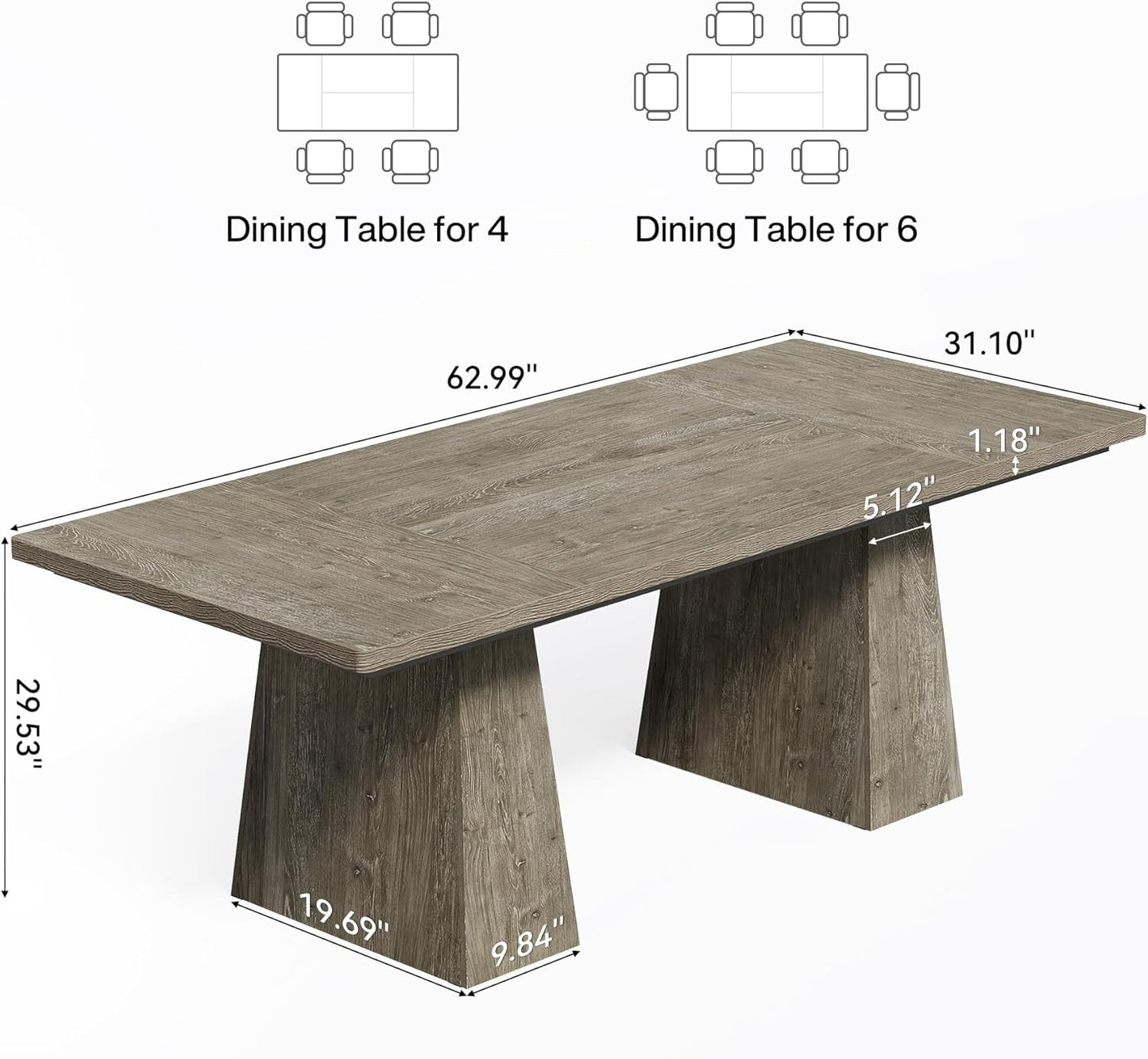 LITTLE TREE Dining Table for 6 People, Wooden Table, Rectangle Furniture with Heavy Duty Legs, Modern Kitchen Table for Home, Dining Room, Grey