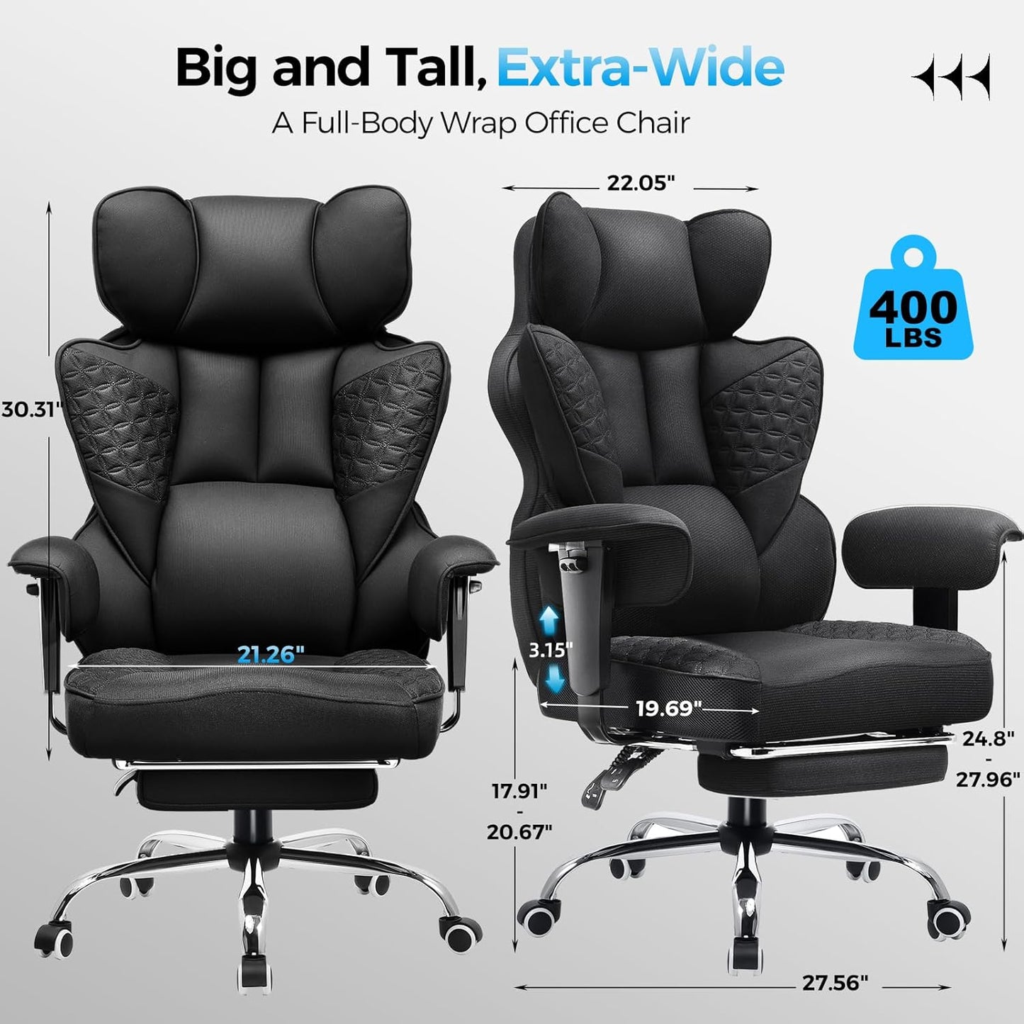COMHOMA Big and Tall Office Chair 400LBS Wide Ergonomic Fabric Deluxe Embossing Designed Gaming Chair with Foot Rest,150°Reclining Adjustable Armrests Pocket Spring Back Support and Pillow