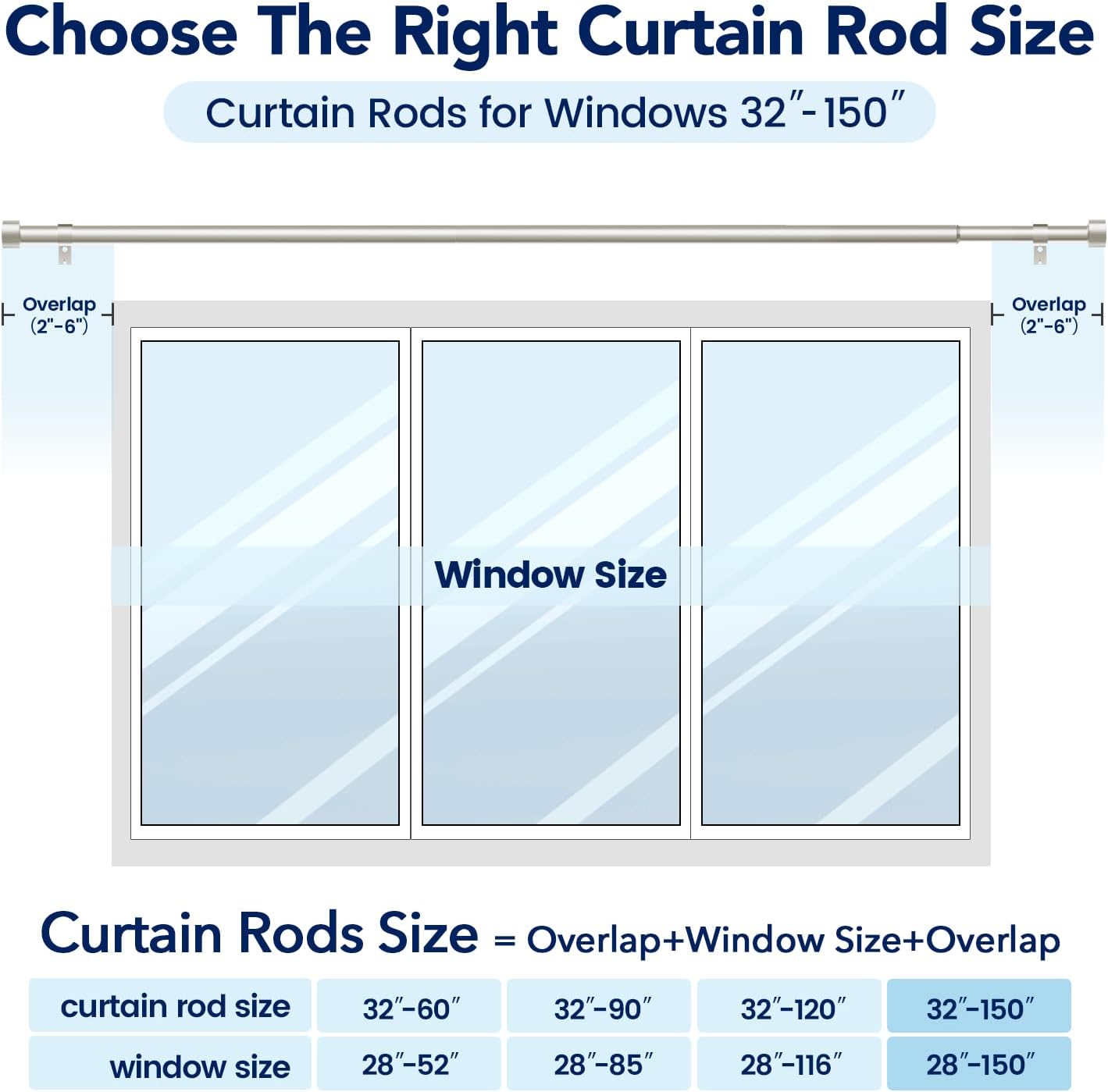 2 Pack Curtain Rods for Windows 72 to 144 Inch, 1 Inch Brushed Nickel Adjustable Heavy Duty Outdoor Curtain Rod for Patio Bedroom, Drapery Rods Set with End Cap, Size 32"- 150"