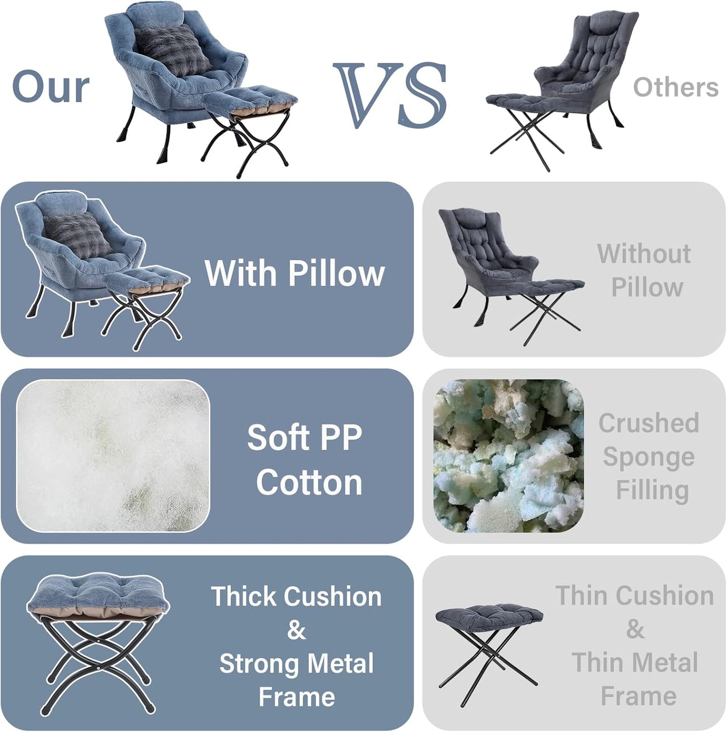 Lazy Chair with Ottoman, Comfy Reading Chair with Footstool & Throw Pillow Modern Lounge Accent Chair with Armrests & Side Pocket for Living Room, Bedroom, Dorm Room, Office