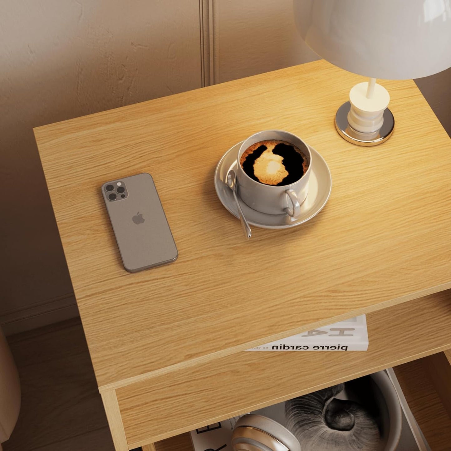 Rattan Nightstand,Farmhouse Bedside Table with 2 Storage Drawer and Open Wood Shelf, for Bedroom and Small Spaces,Night Stand with Solid Wood Legs (Yellow Oak)