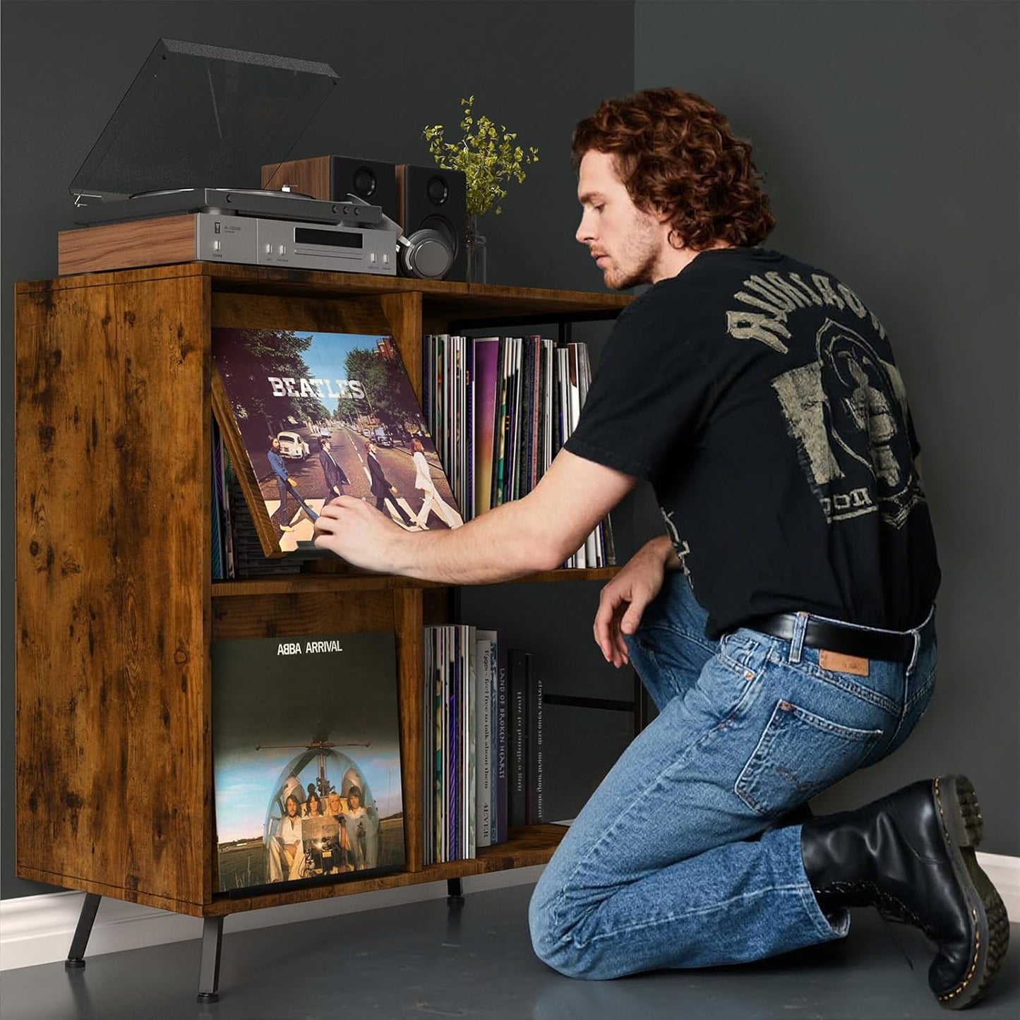 3 Tier Record Player Stand, Flip Top Record Player Cabinet, Mid Century Record Player Table with Shelves Holds up to 300+ Albums, Vinyl Record Storage with 4 U-Dividers for Living Room Bedroom, Brown