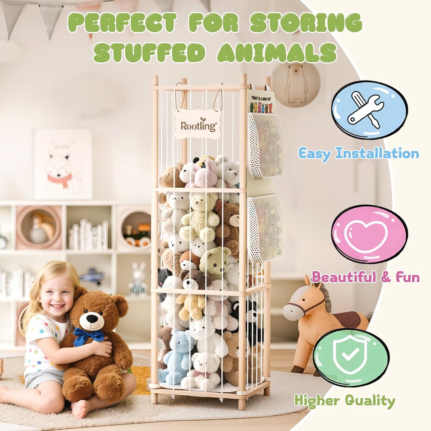 Stuffed Animal Storage & Organizer, 54 inch Tall Wooden Cute Zoo Toy Holder w/Building Block Storage Bag, Premium Wooden Material with Elastic Cord For Toddler Rooms, Playrooms & Bedrooms