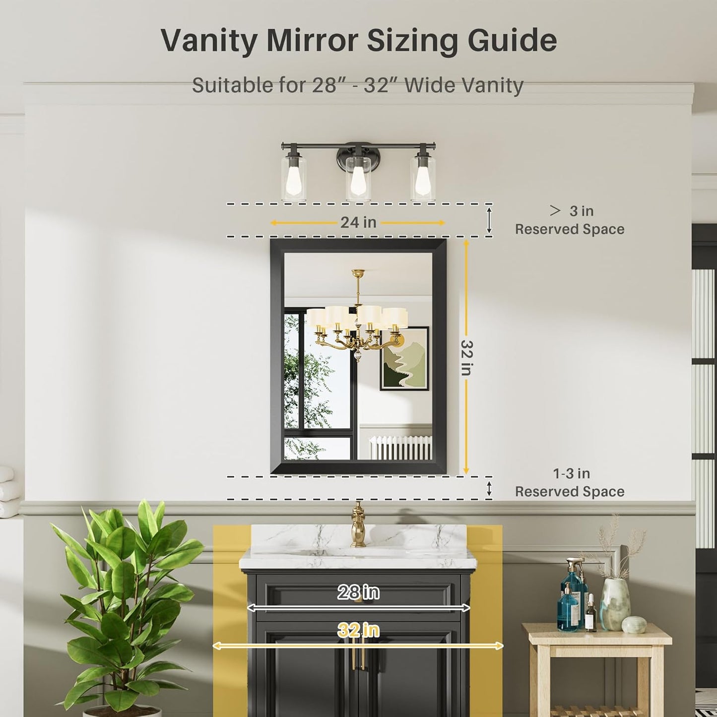 24x32 Inch Black Bathroom Mirror for Wall, Thick Metal Framed Rectangle Mirrors for Over Sink, Bedroom, Living Room, Entryway, Anti-Rust, HD Tempered Glass