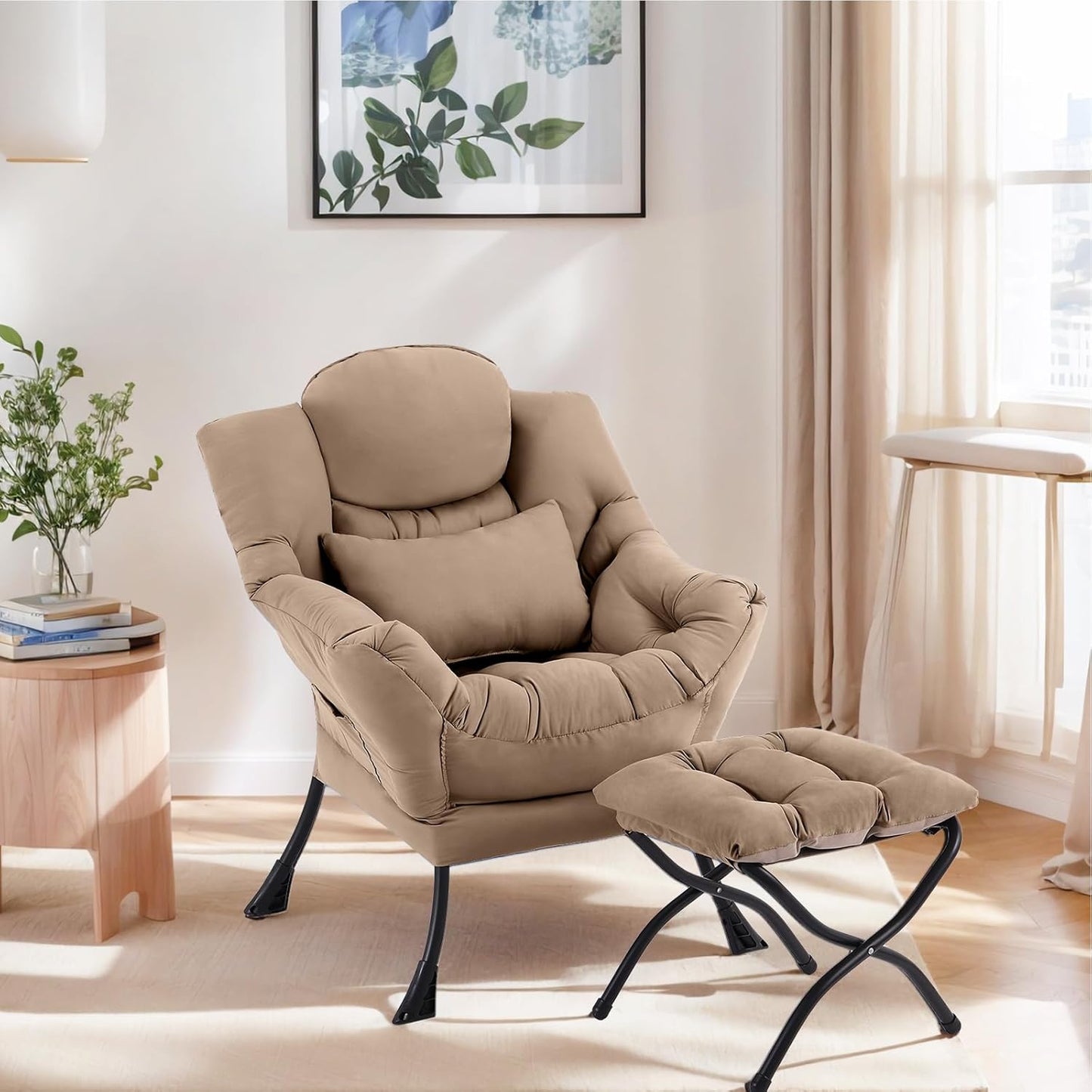 Lazy Chair with Ottoman, Modern Lounge Armchair with Lumbar Pillow, Accent Cozy Reading Chair and Folding Footstool for Bedroom, Dorm, Living Room,Khaki